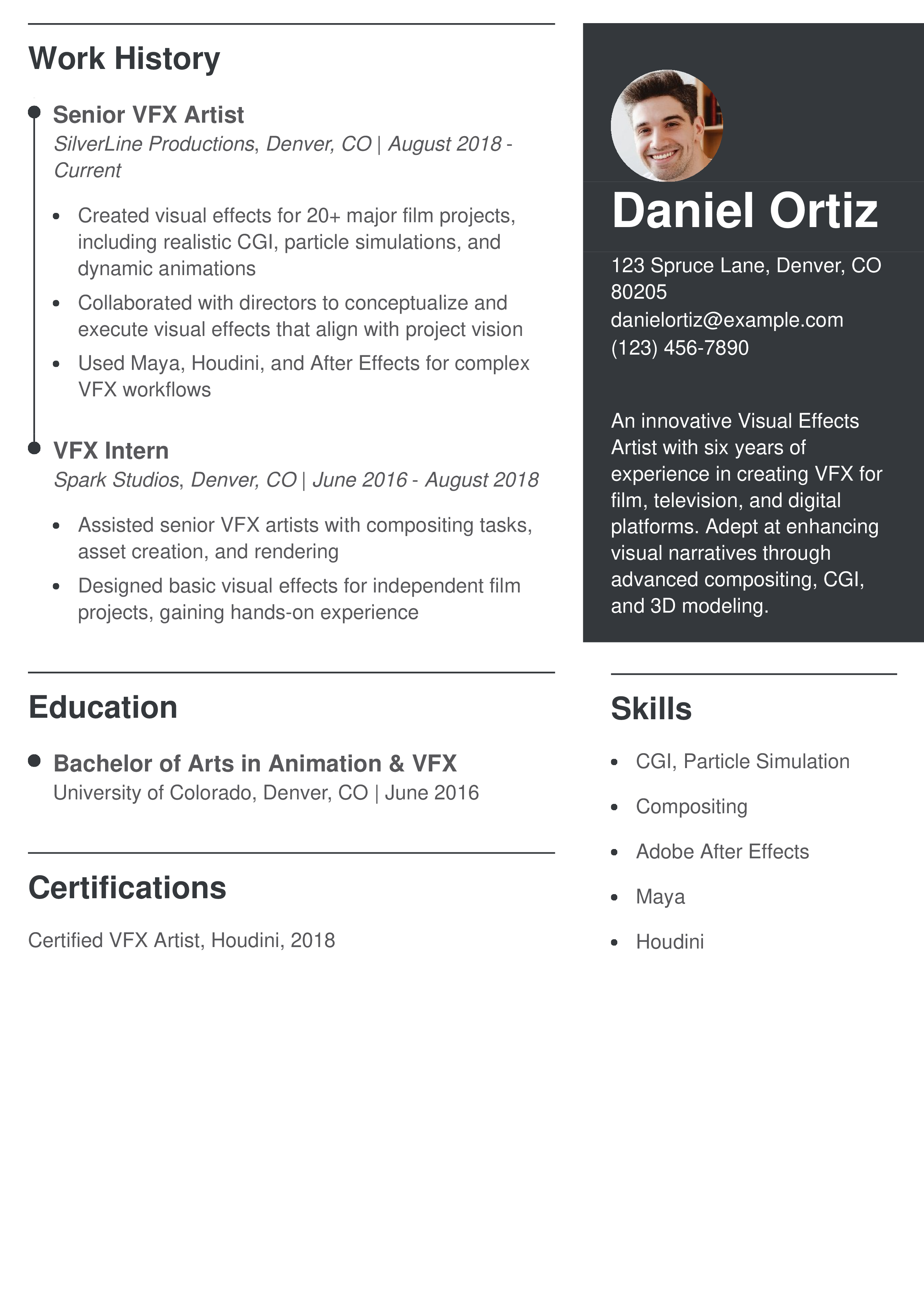 Visual Effects Artist Resume Example