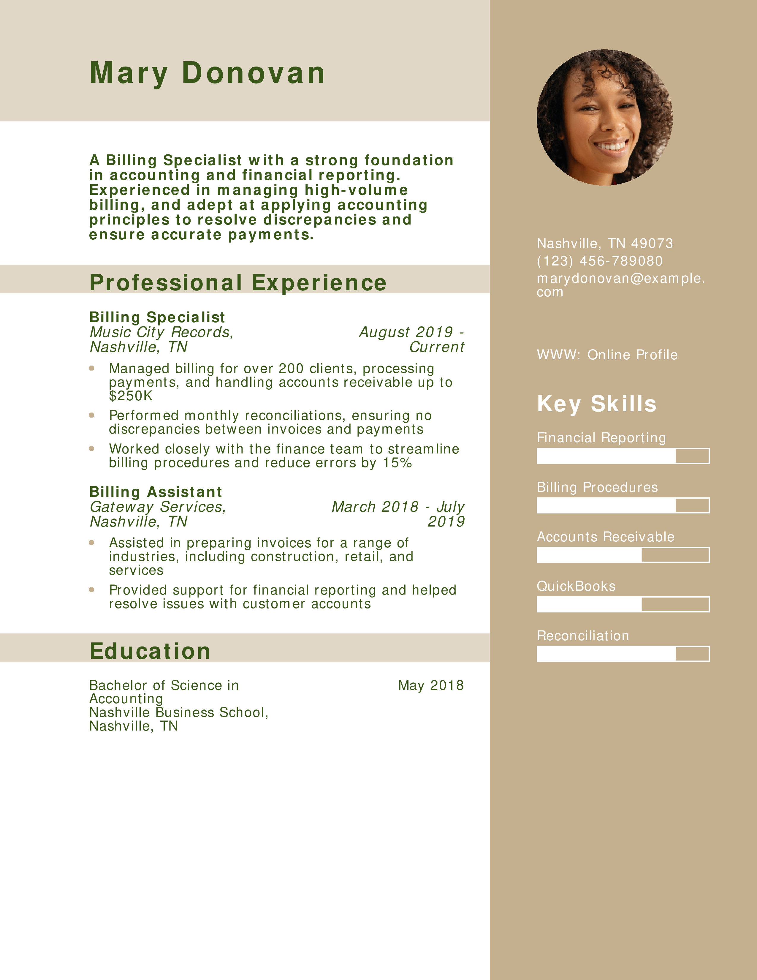 Billing Specialist Accounting-Focus Resume Example