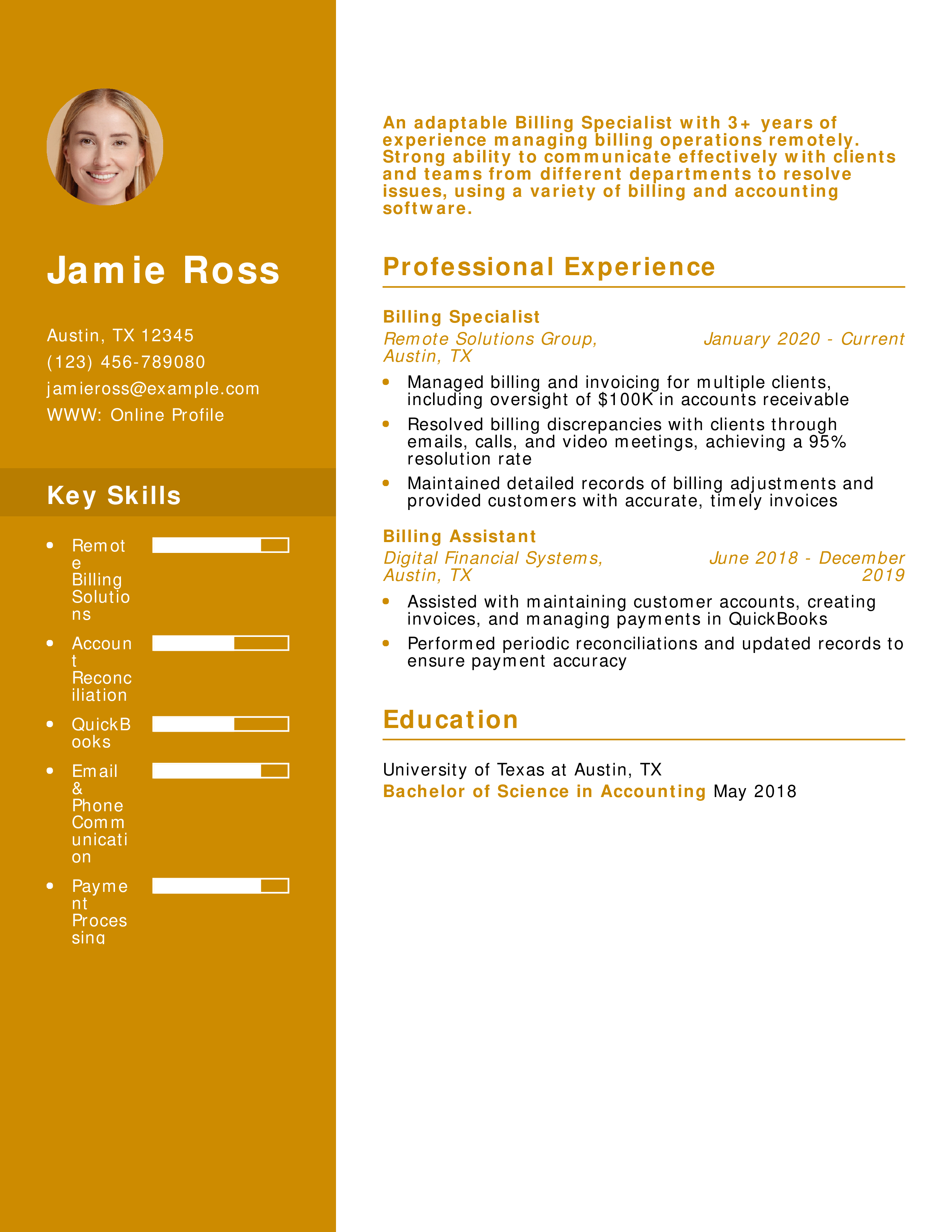 Billing Specialist Remote-Focus Resume Example