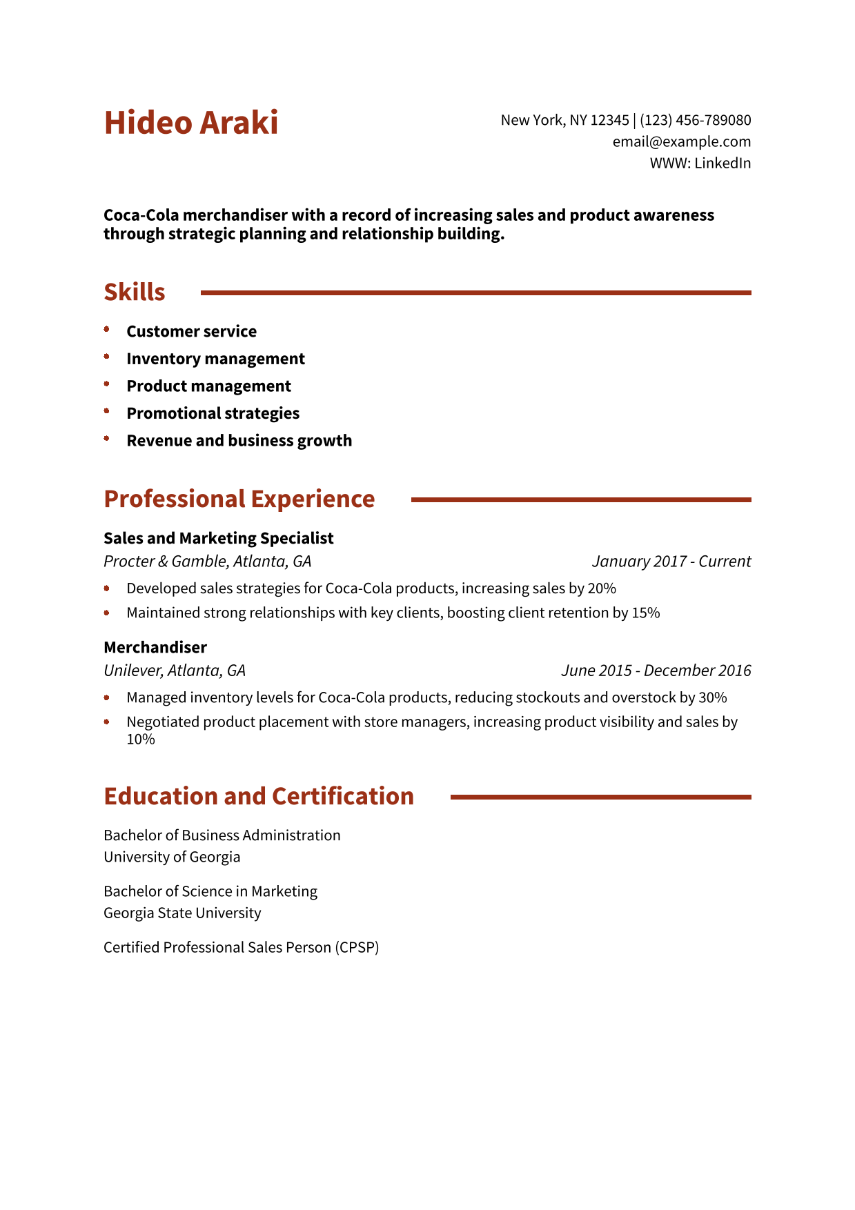 Coca-Cola Merchandiser Resume Example