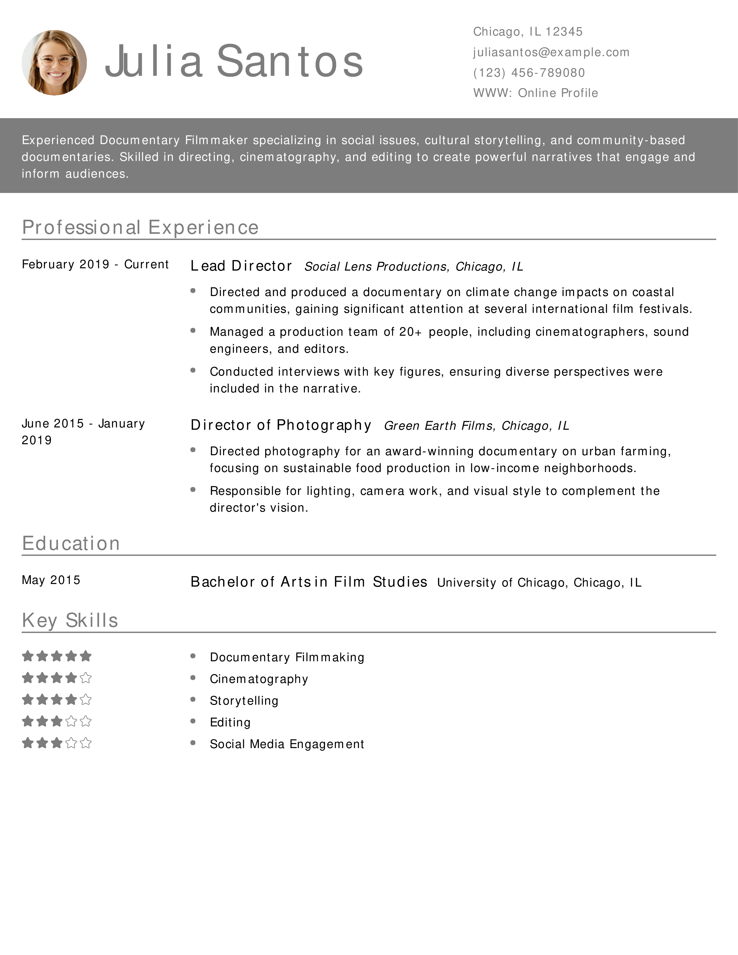 Documentary Filmmaker Resume Example
