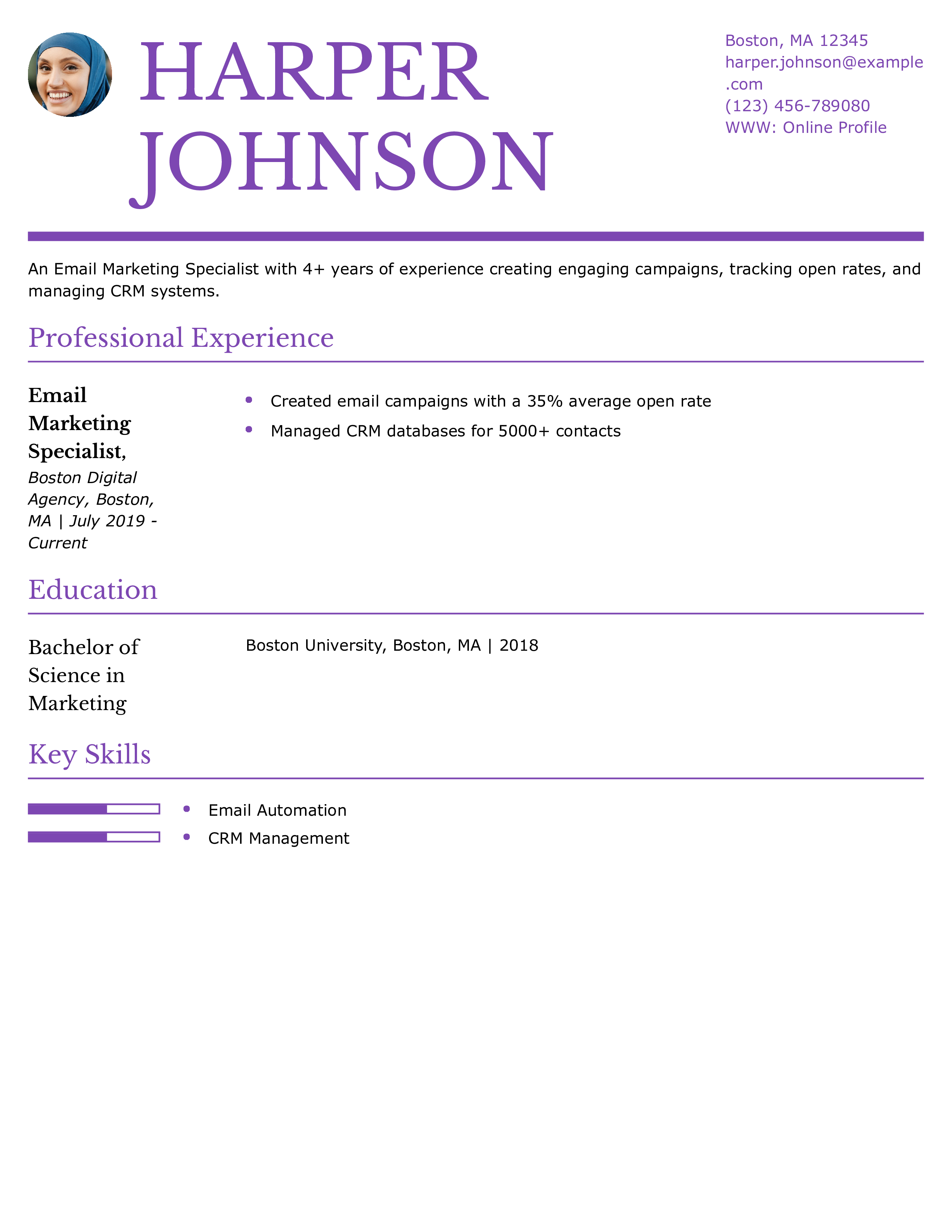 Email Marketing Specialist Resume Example