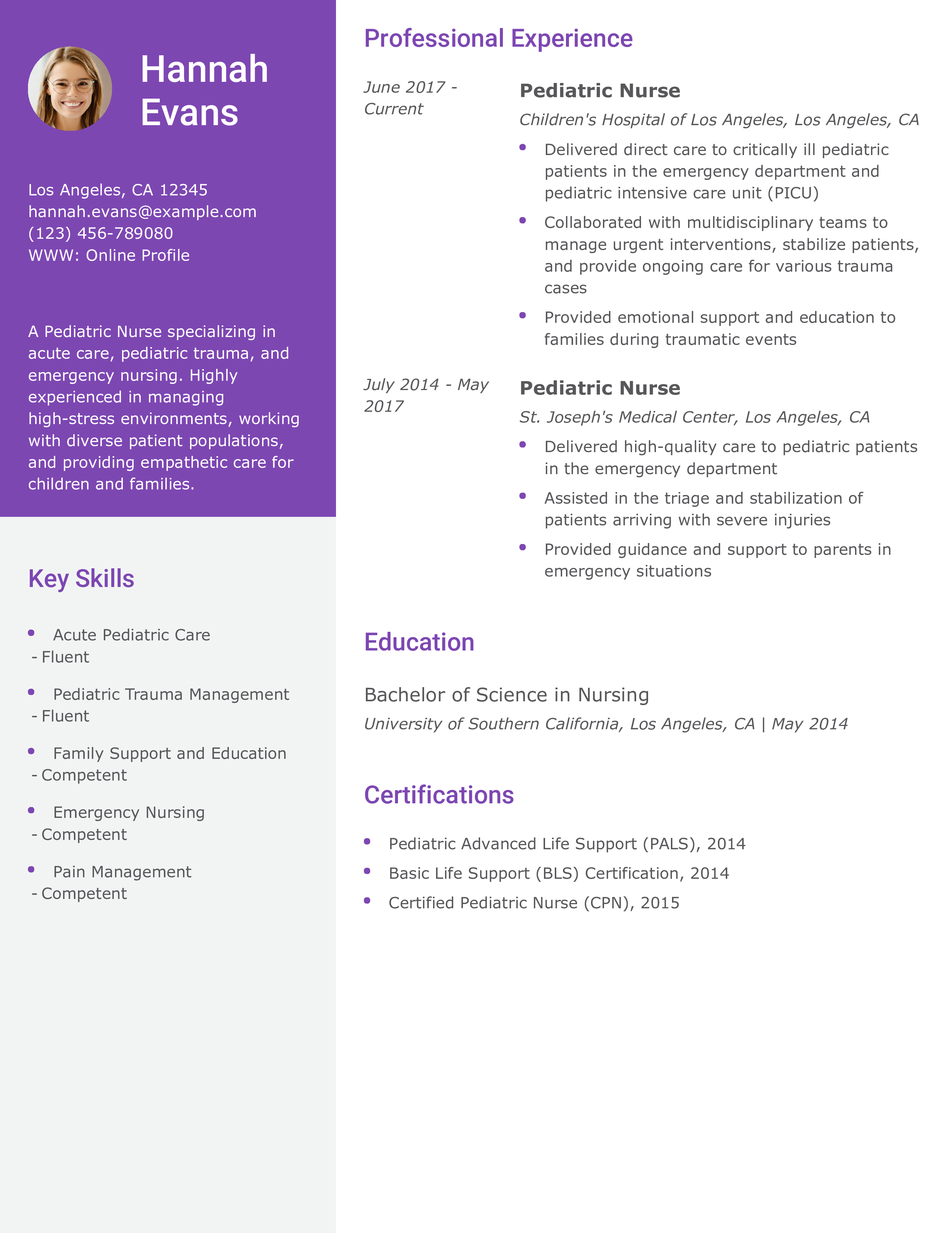 Acute Care Focus Pediatric Nurse Resume Example