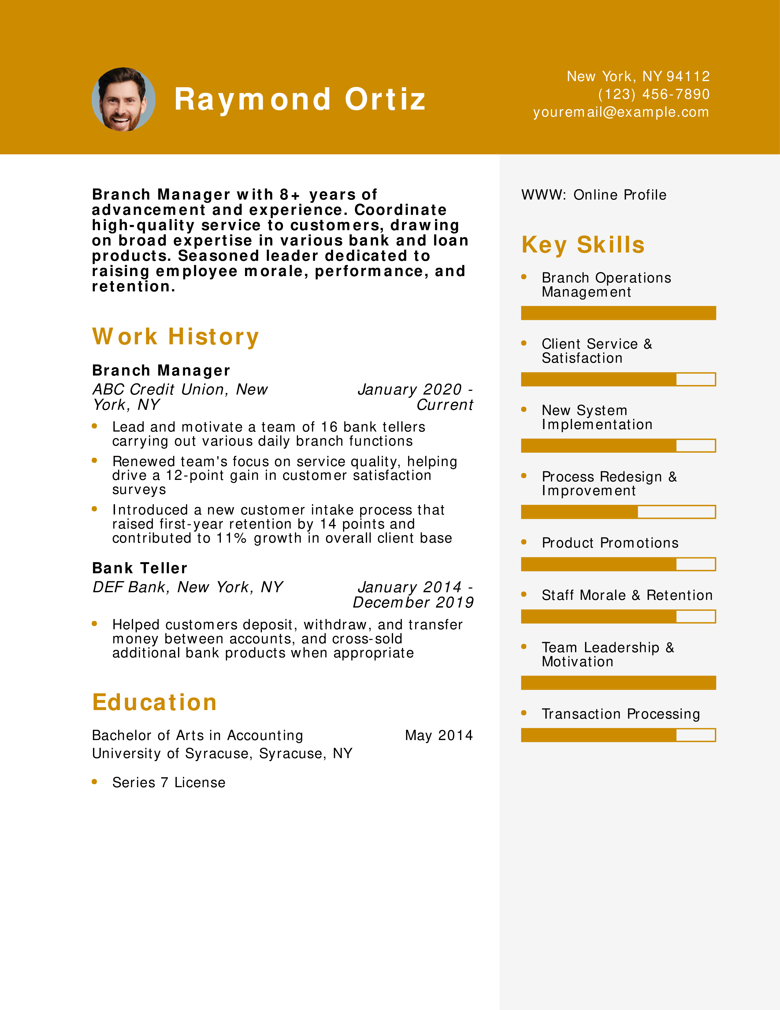 Branch Manager Resume Example