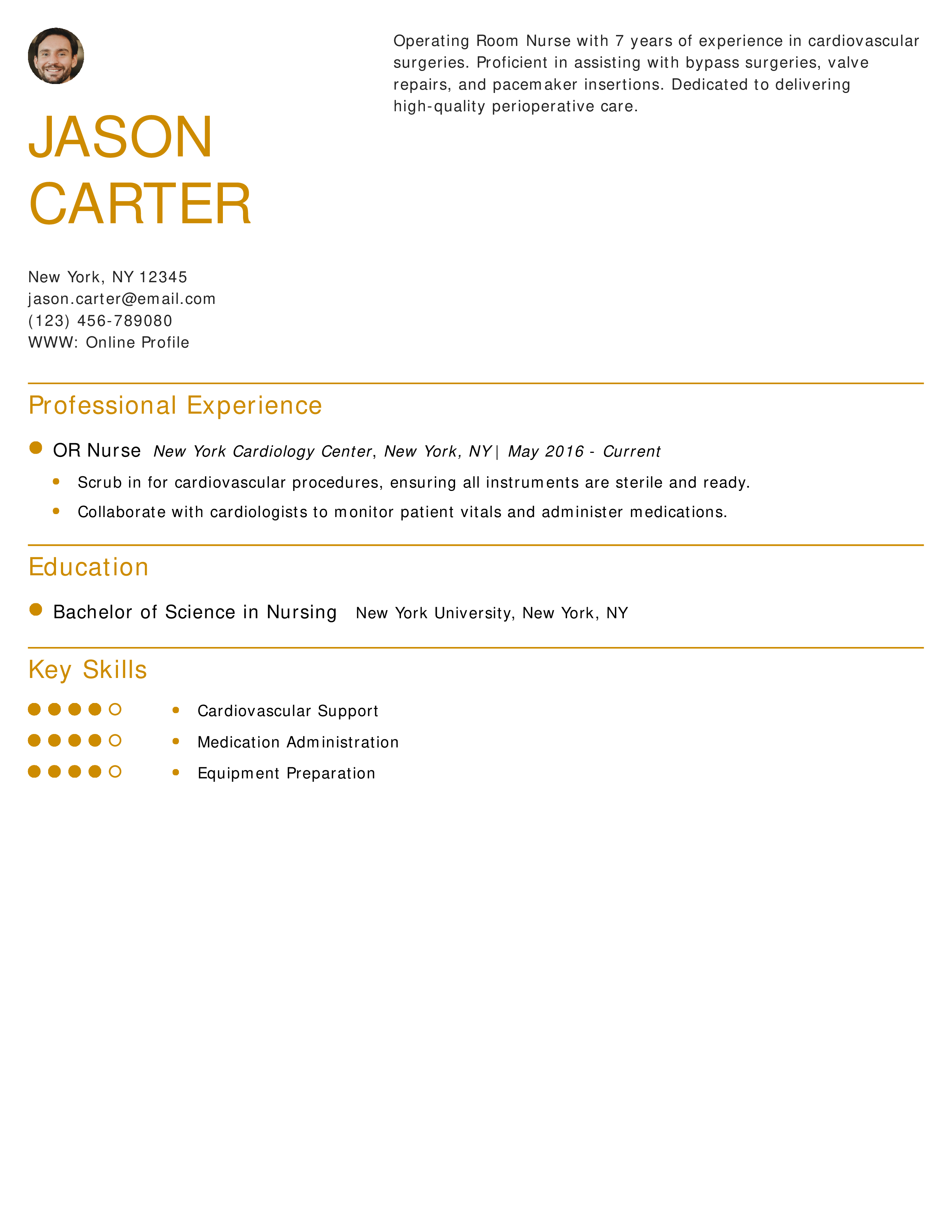 Cardiovascular Operating Room Nurse Resume Example