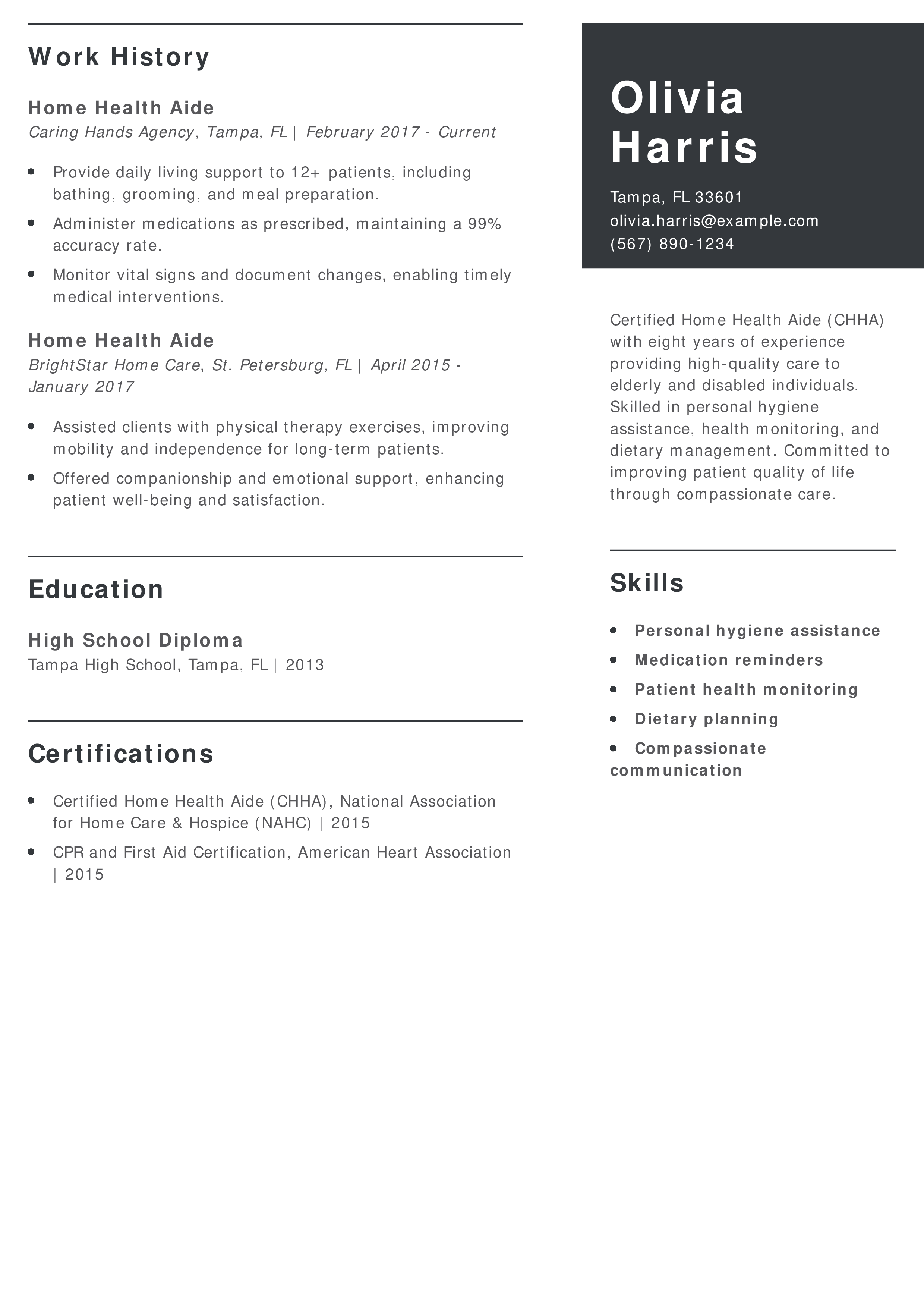 Certified Home Health Aide Resume