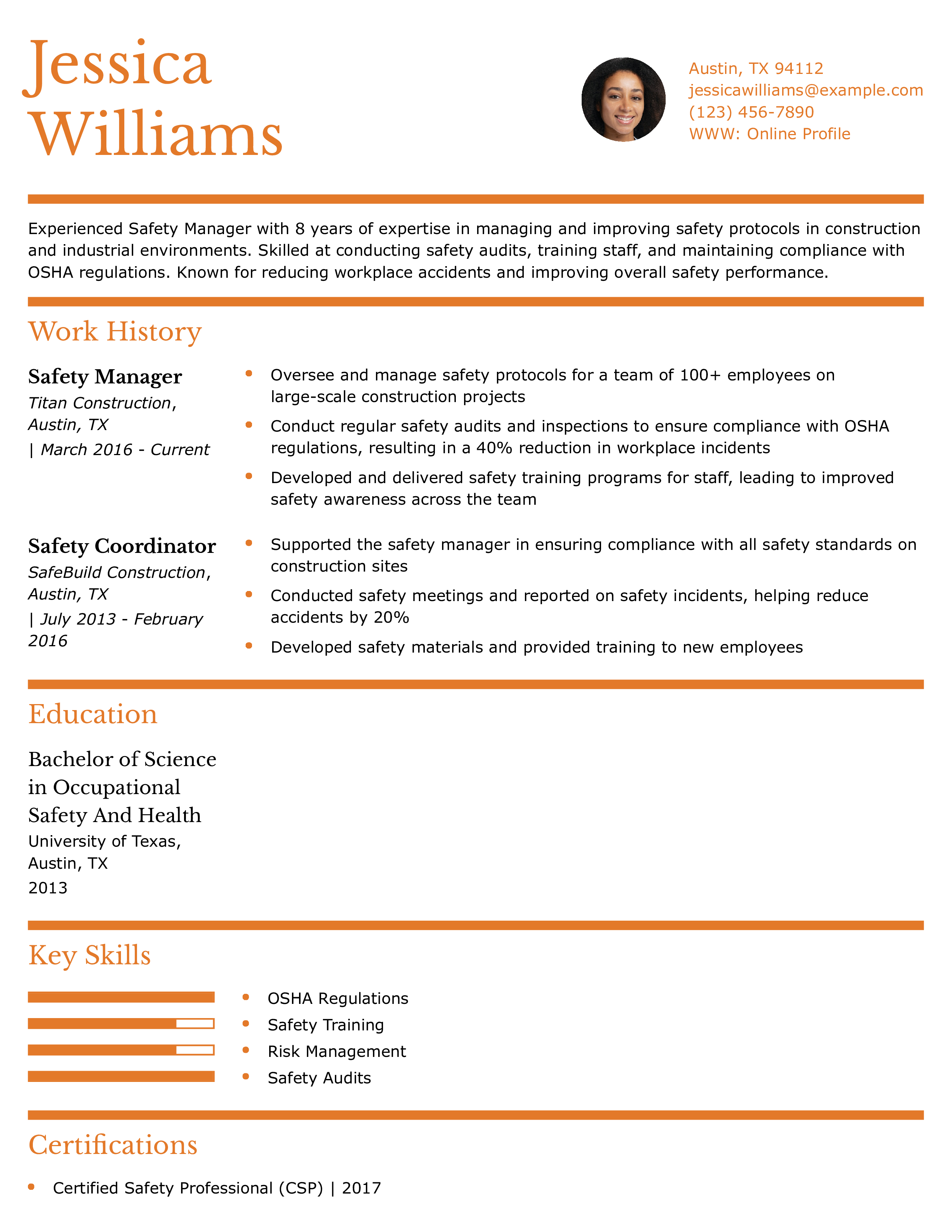 Construction Safety Manager Resume