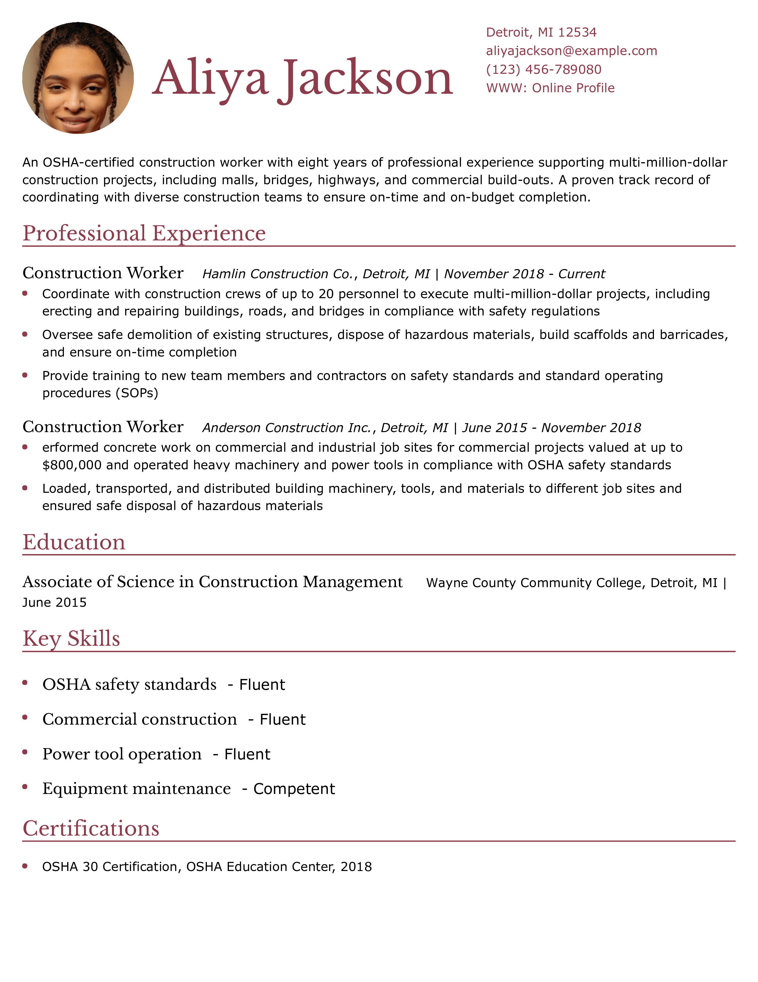 Construction Work Resume Example