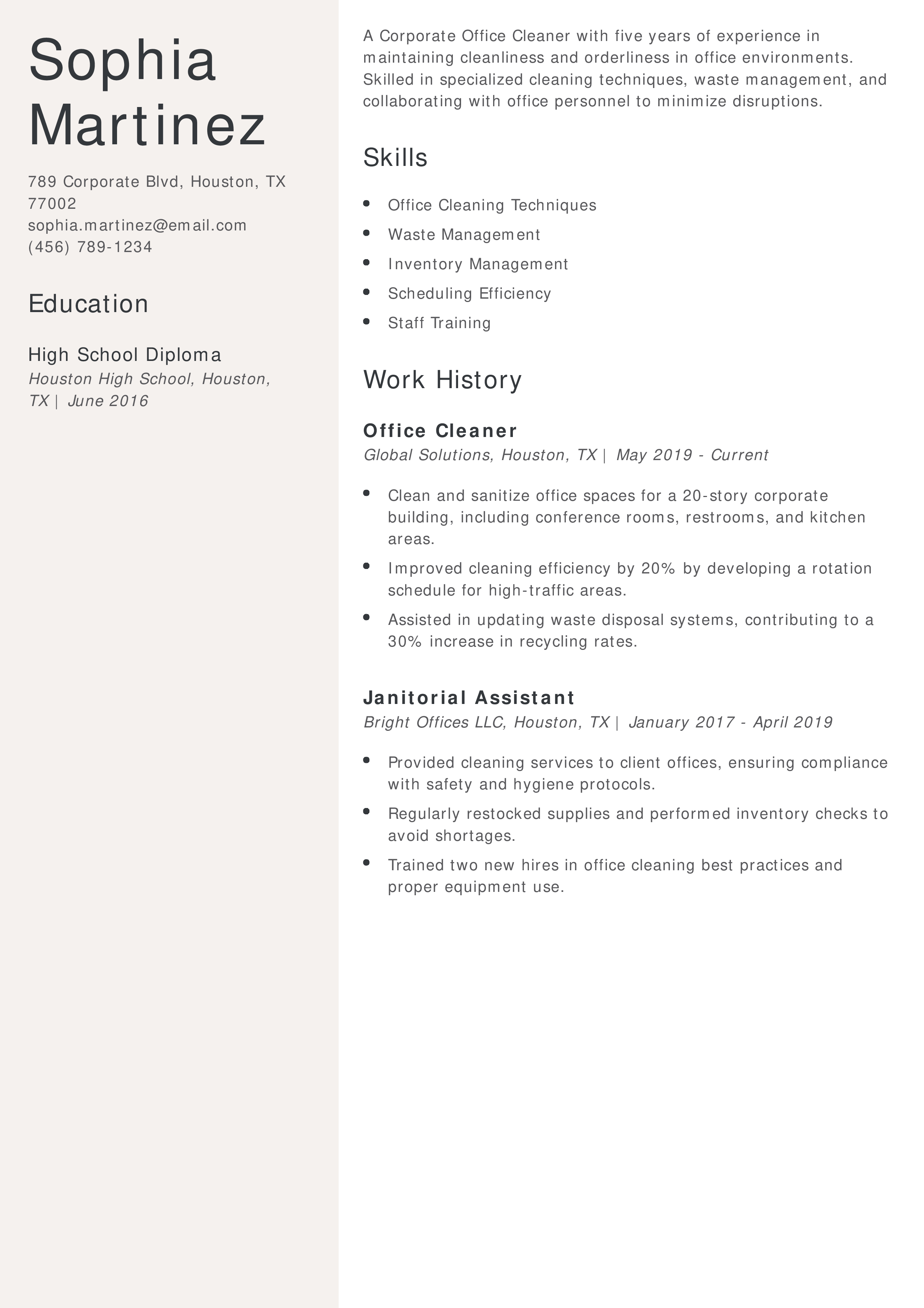 Corporate Office Cleaner Resume