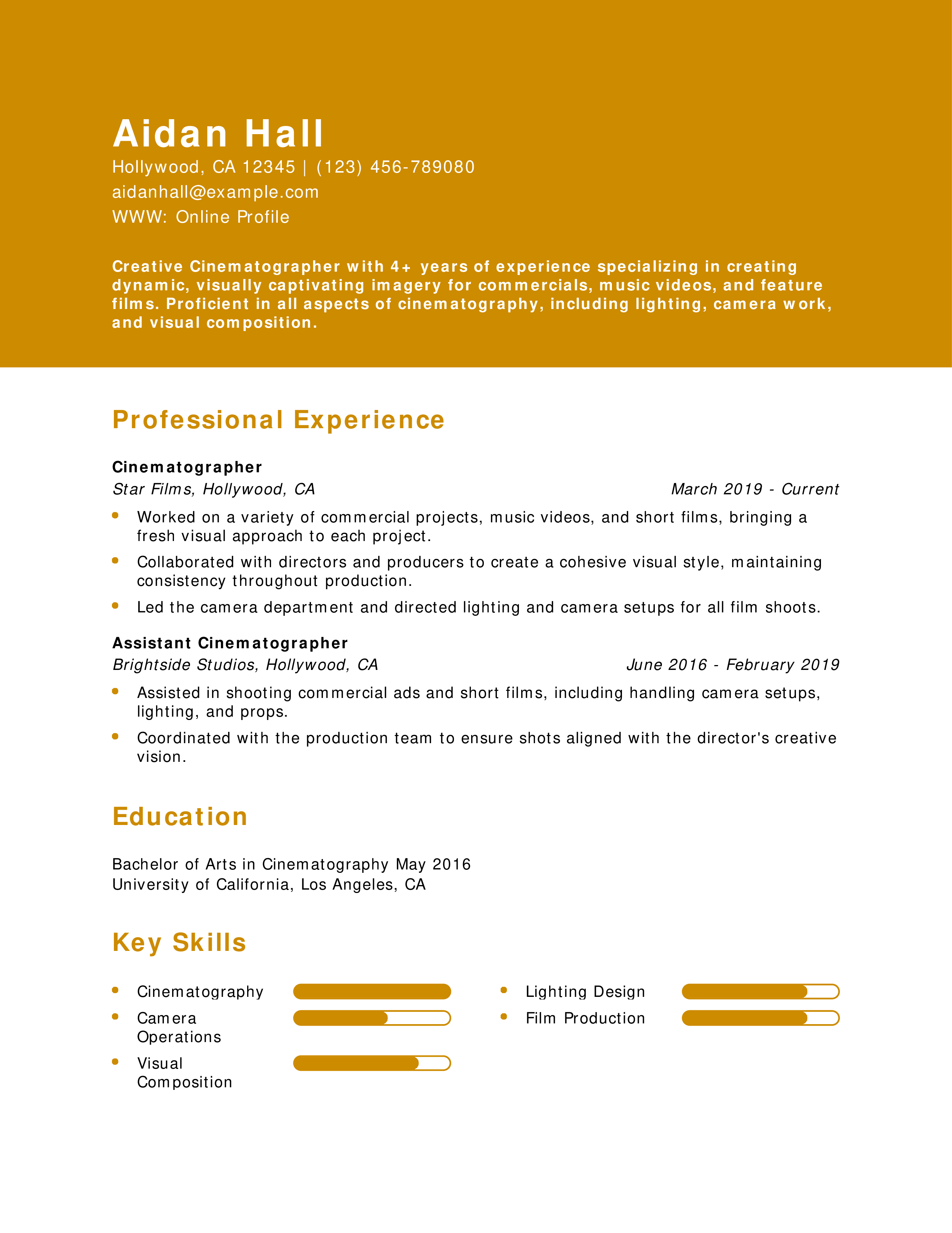 Creative Cinematographer Resume Example