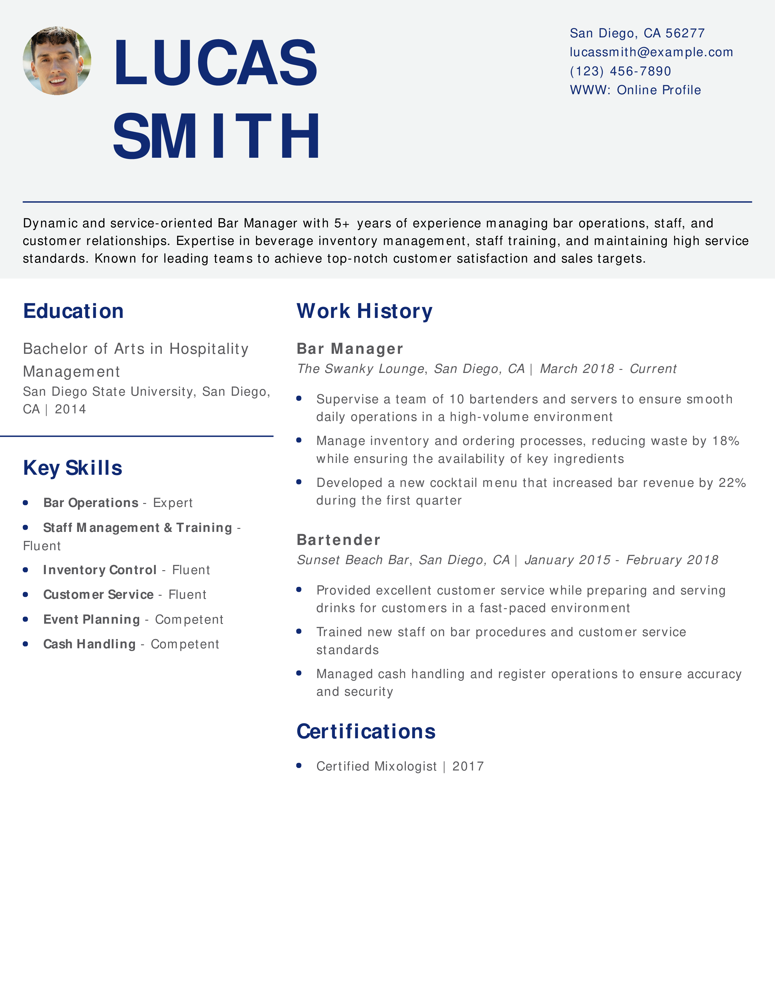 Customer Engagement Bar Manager Resume