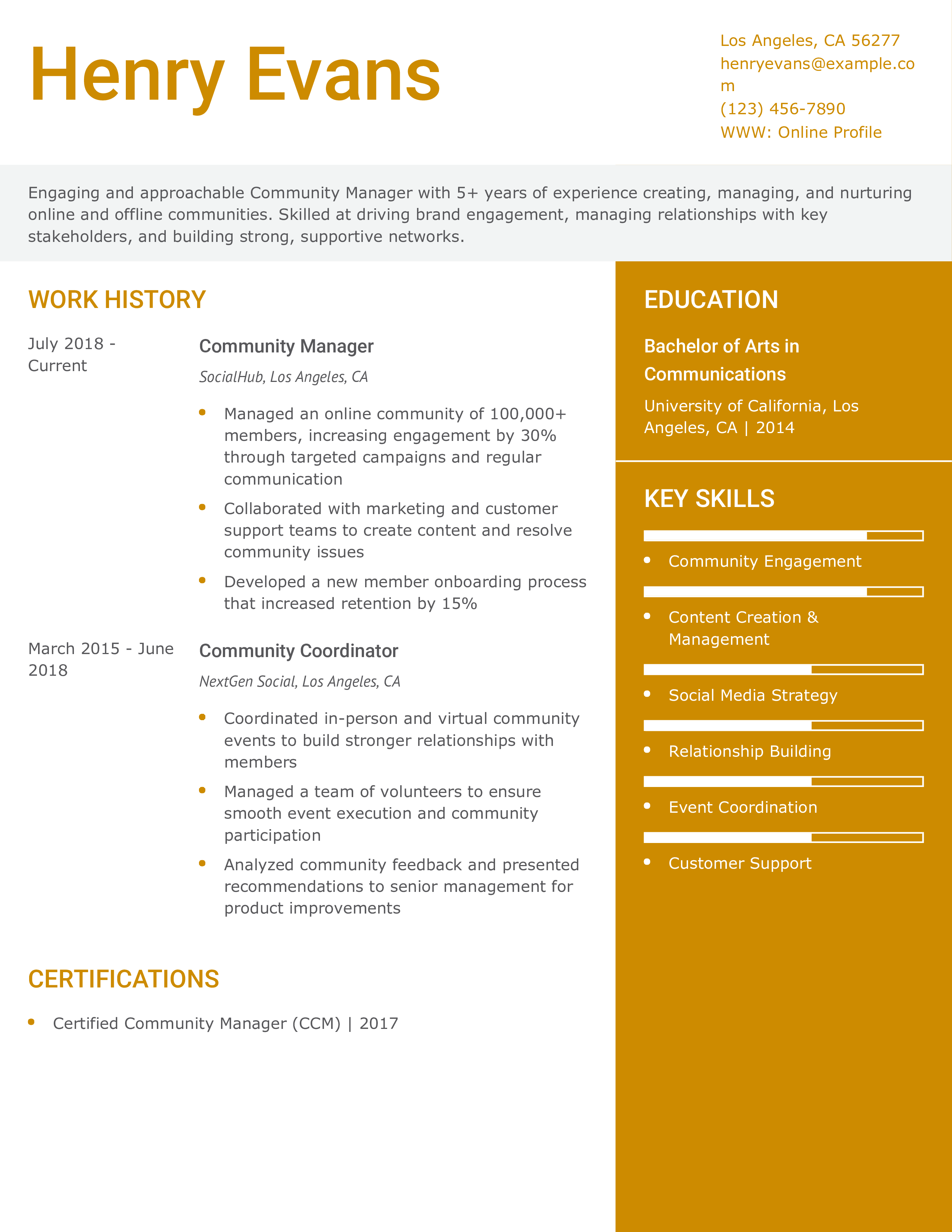 Digital and Offline Community Manager Resume