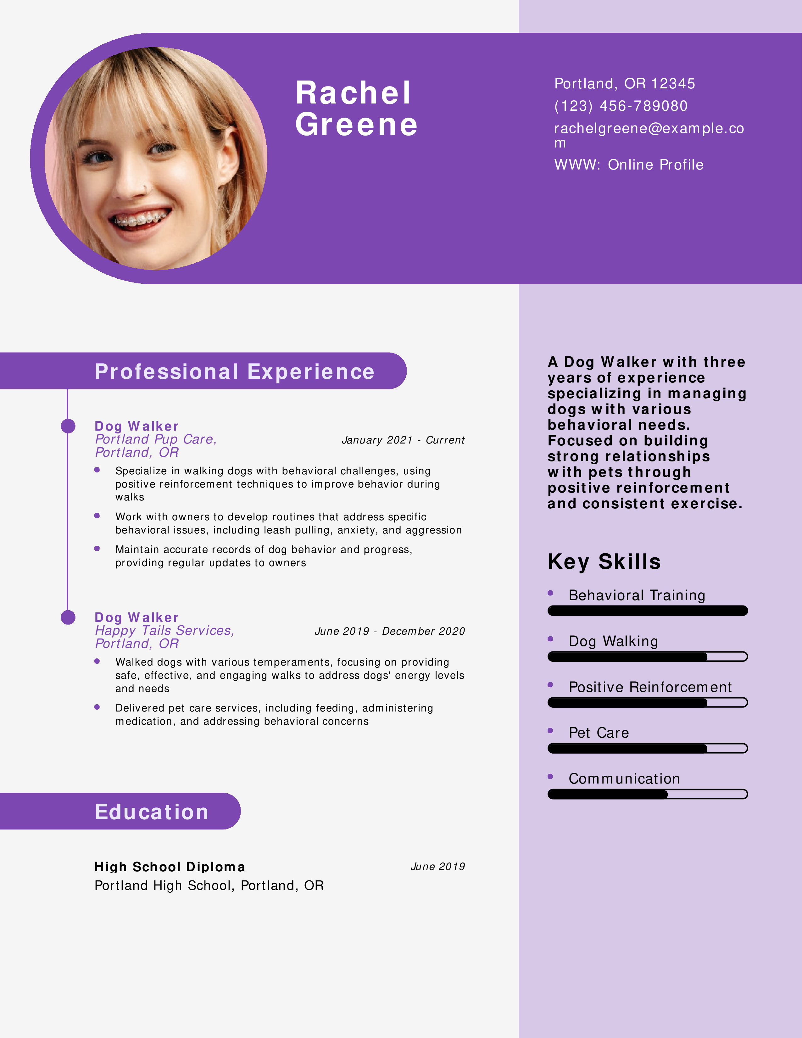 Dog Walker Behavioral Focus Resume Example