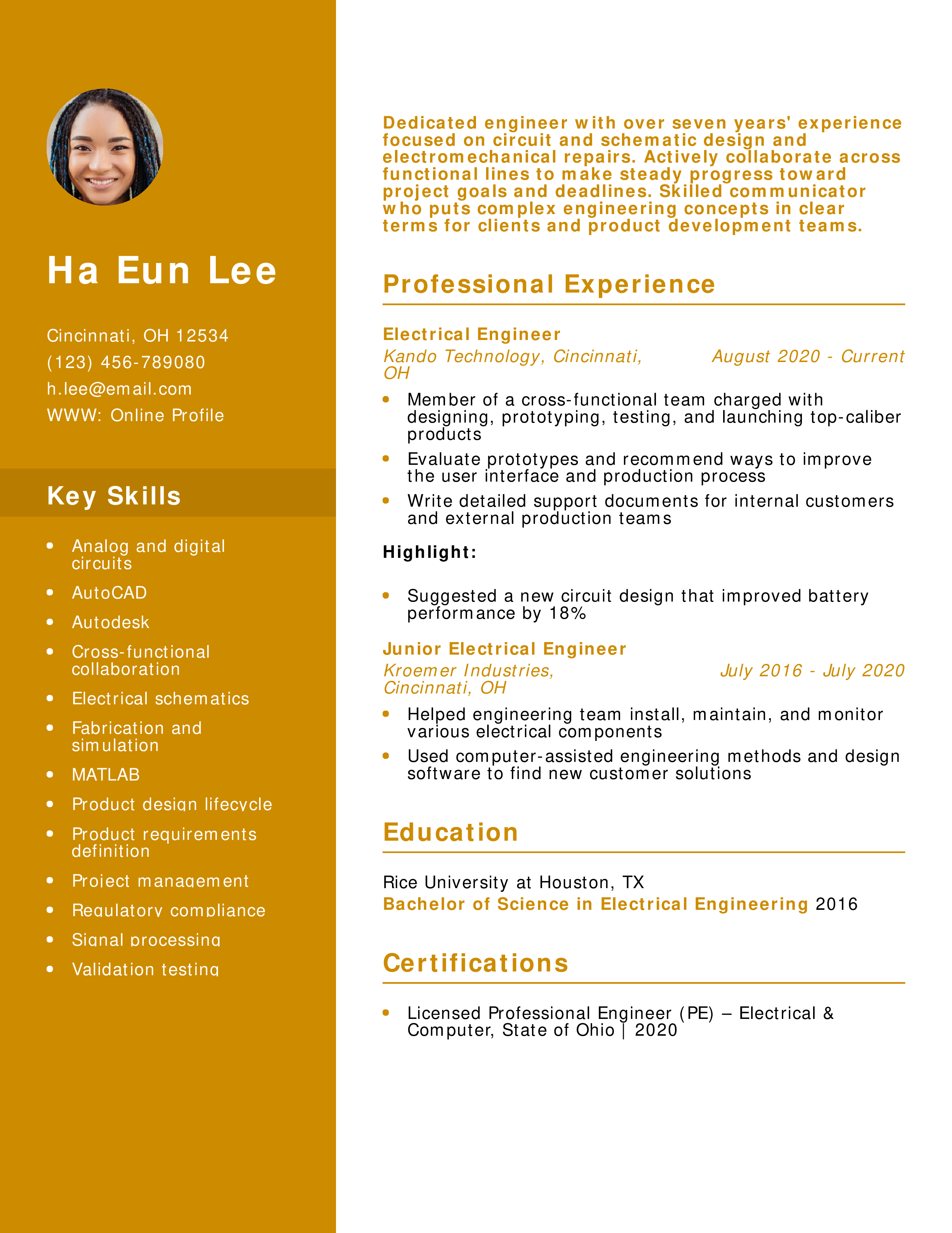 Electrical Engineer Resume Example