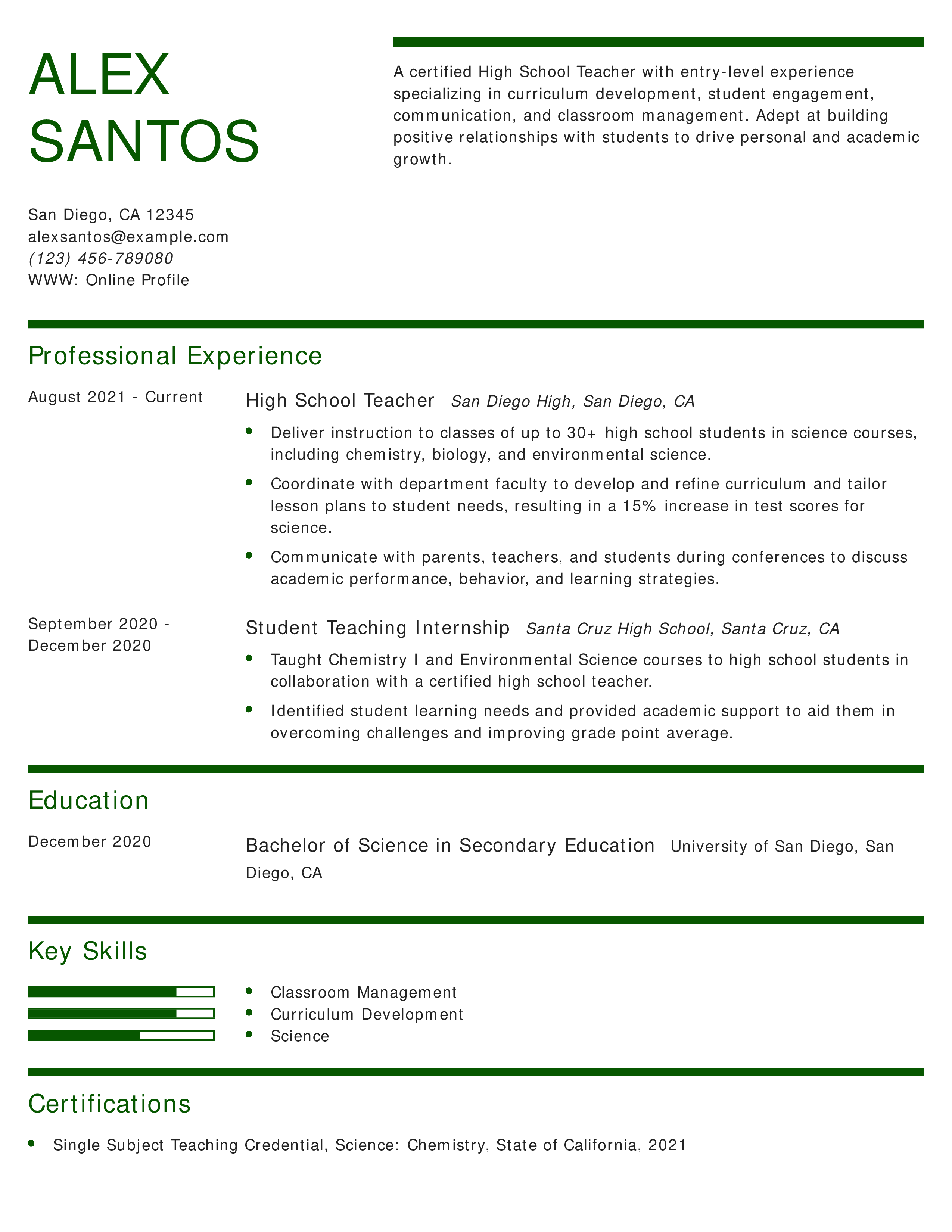 High School Teacher Resume