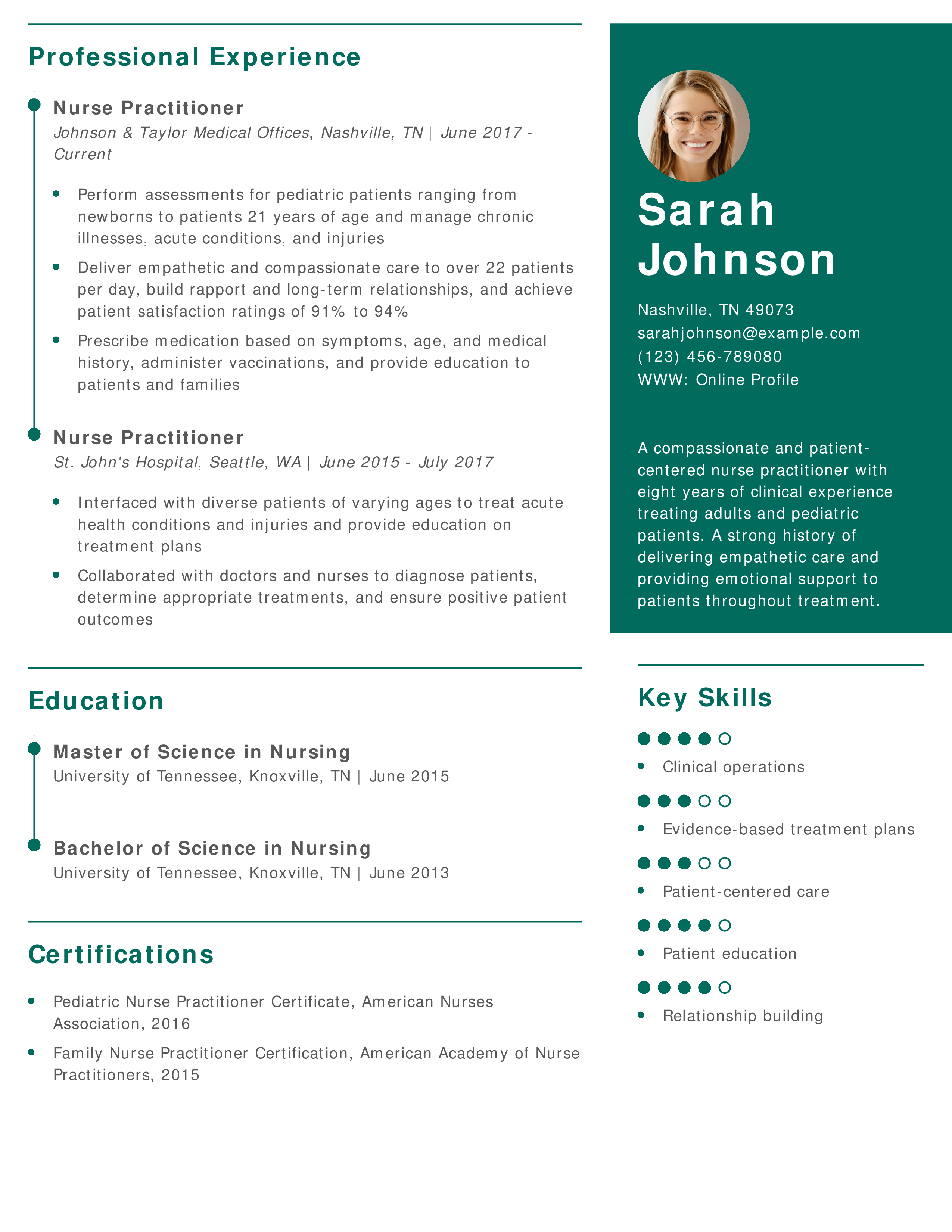 Experienced Nurse Practitioner Resume Example