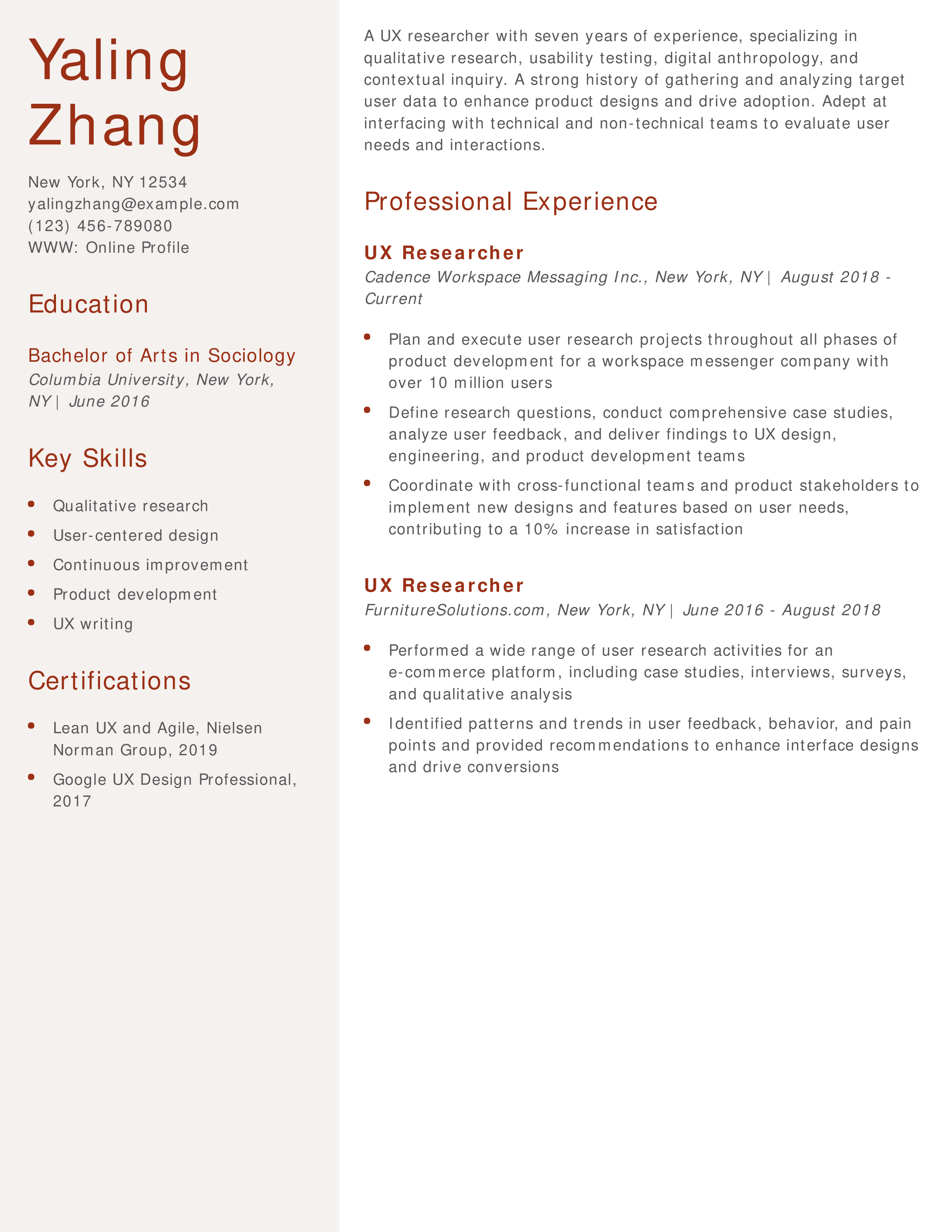 Experienced User Experience Researcher Resume Example