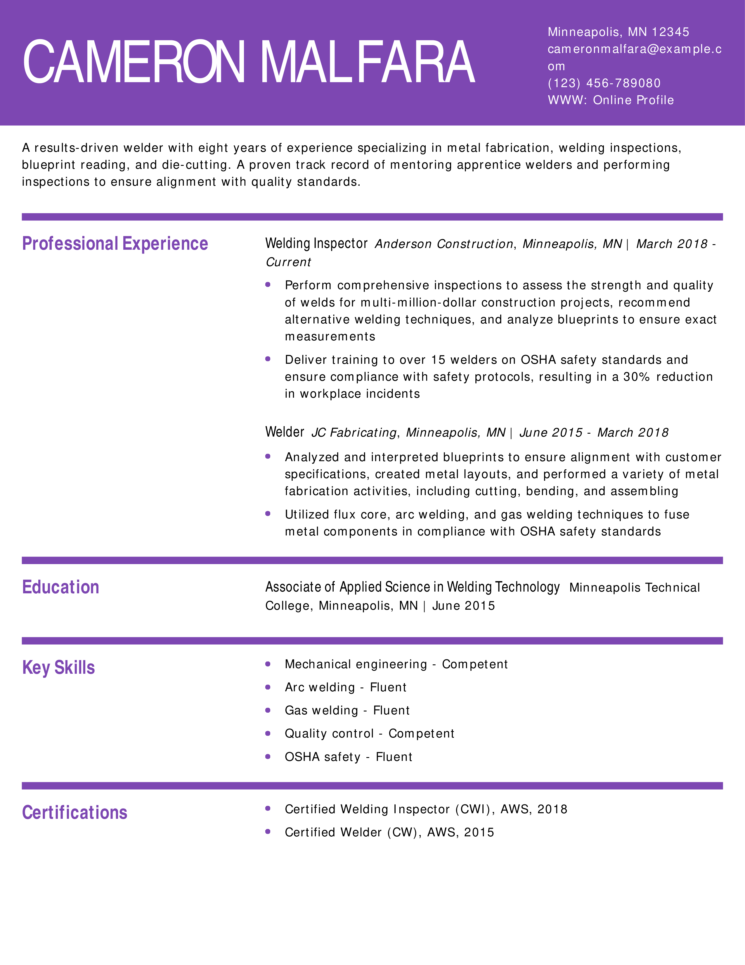 Experienced Welder Resume Example