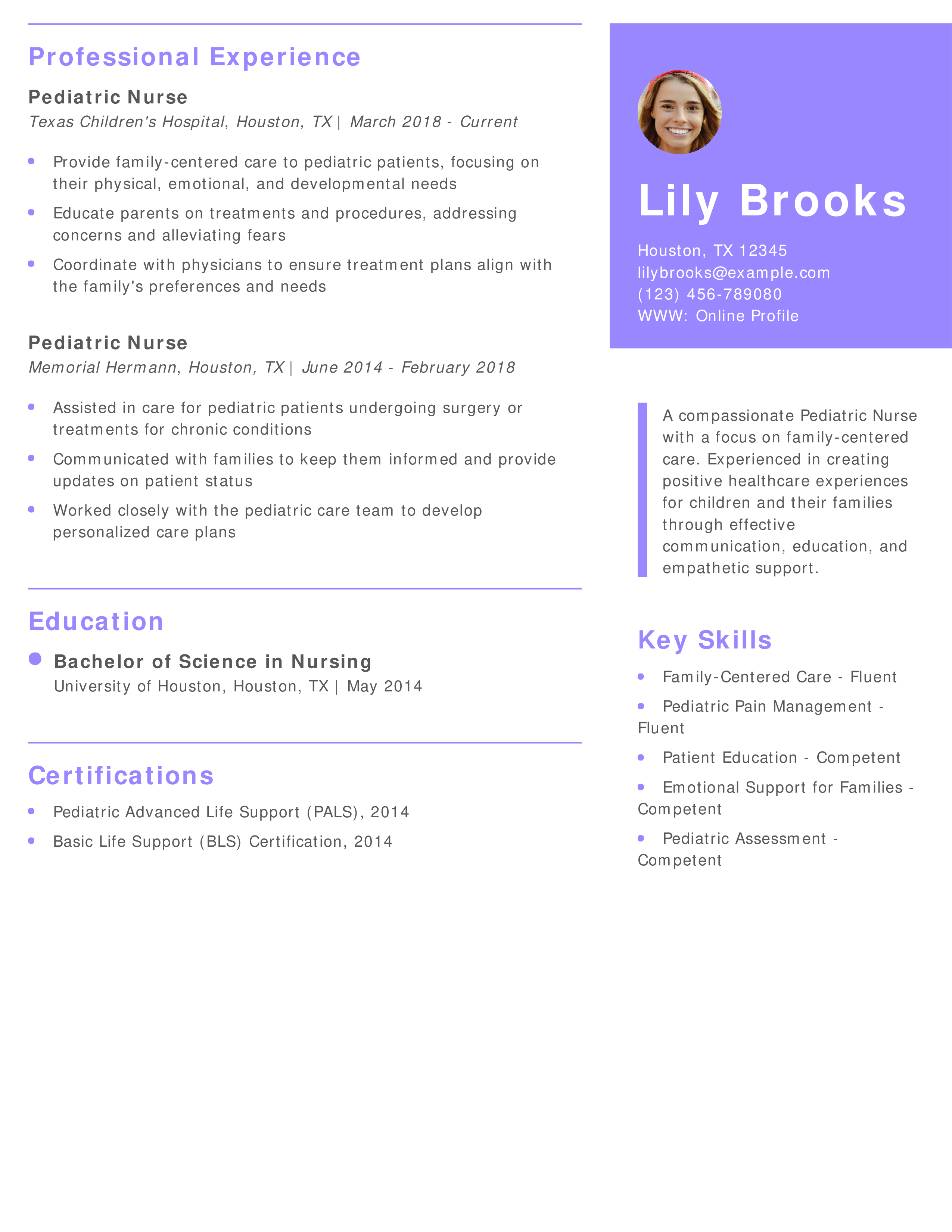 Family-Centered Care Pediatric Nurse Resume Example