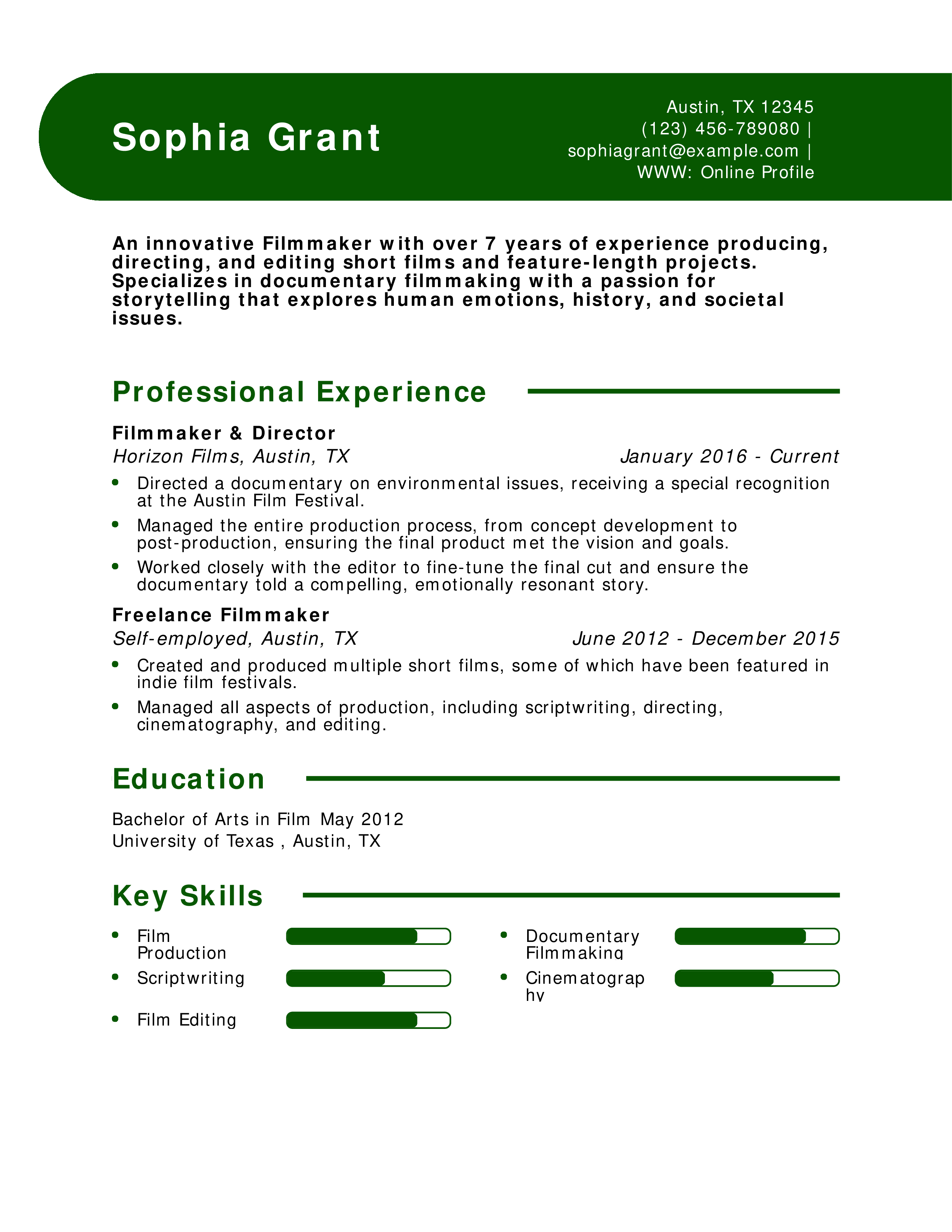 Filmmaker and Director Resume Example