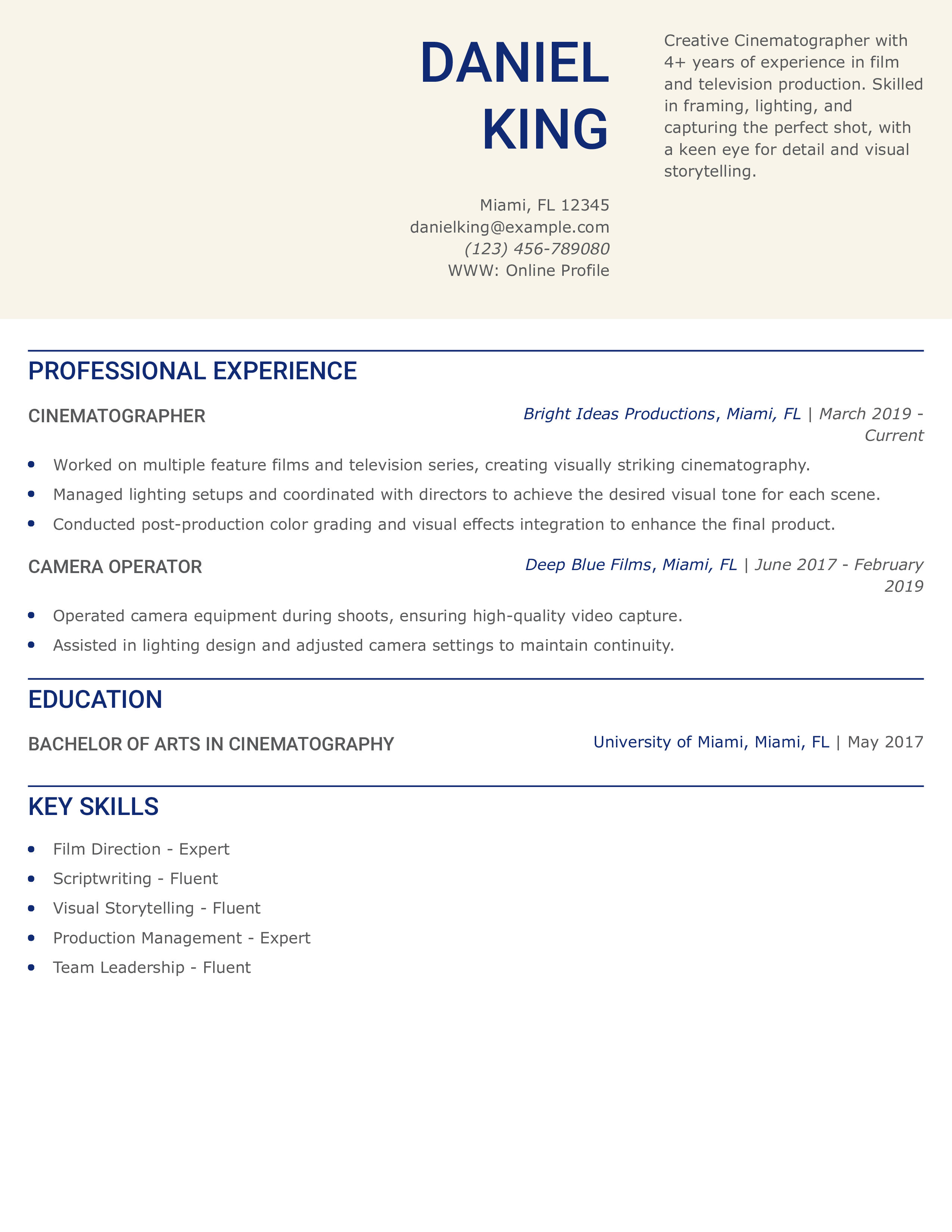 Freelance Cinematographer Resume Example