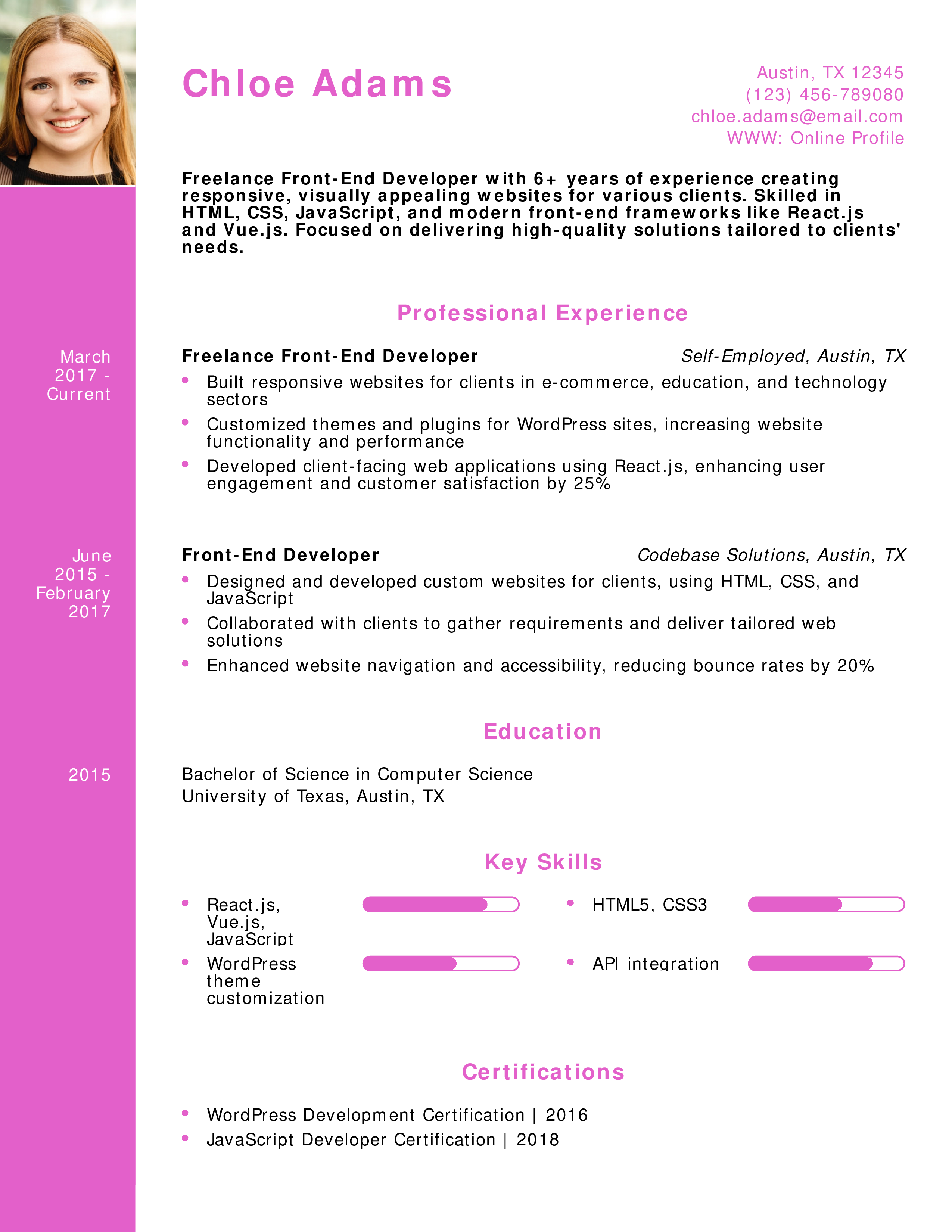 Freelance Front-End Developer Resume Example