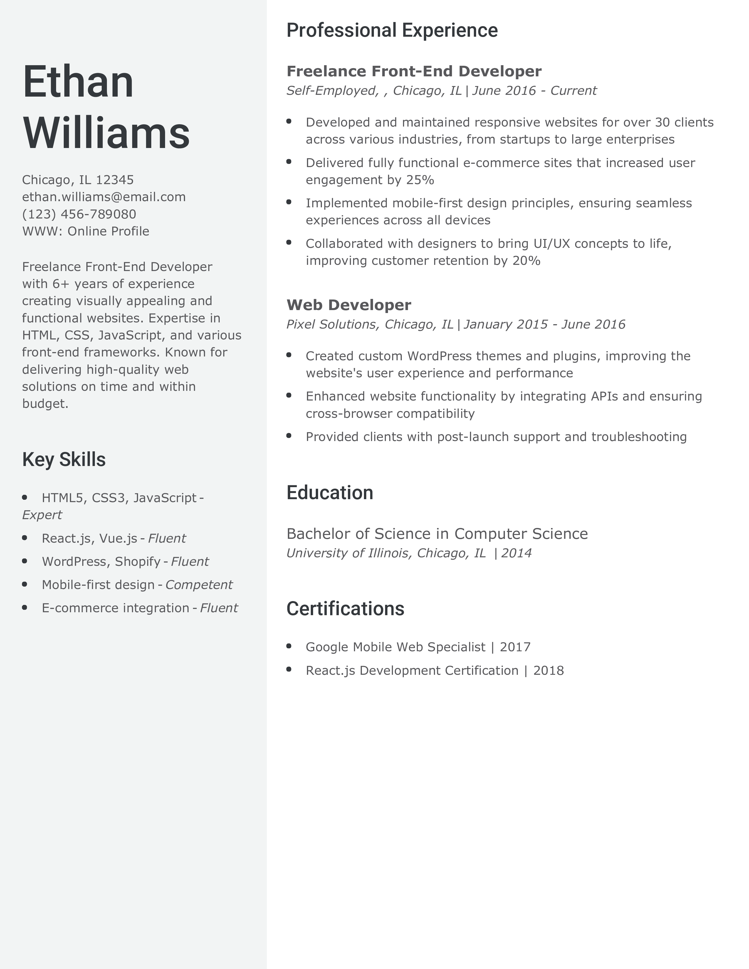 Freelance Front-End Developer Resume Example
