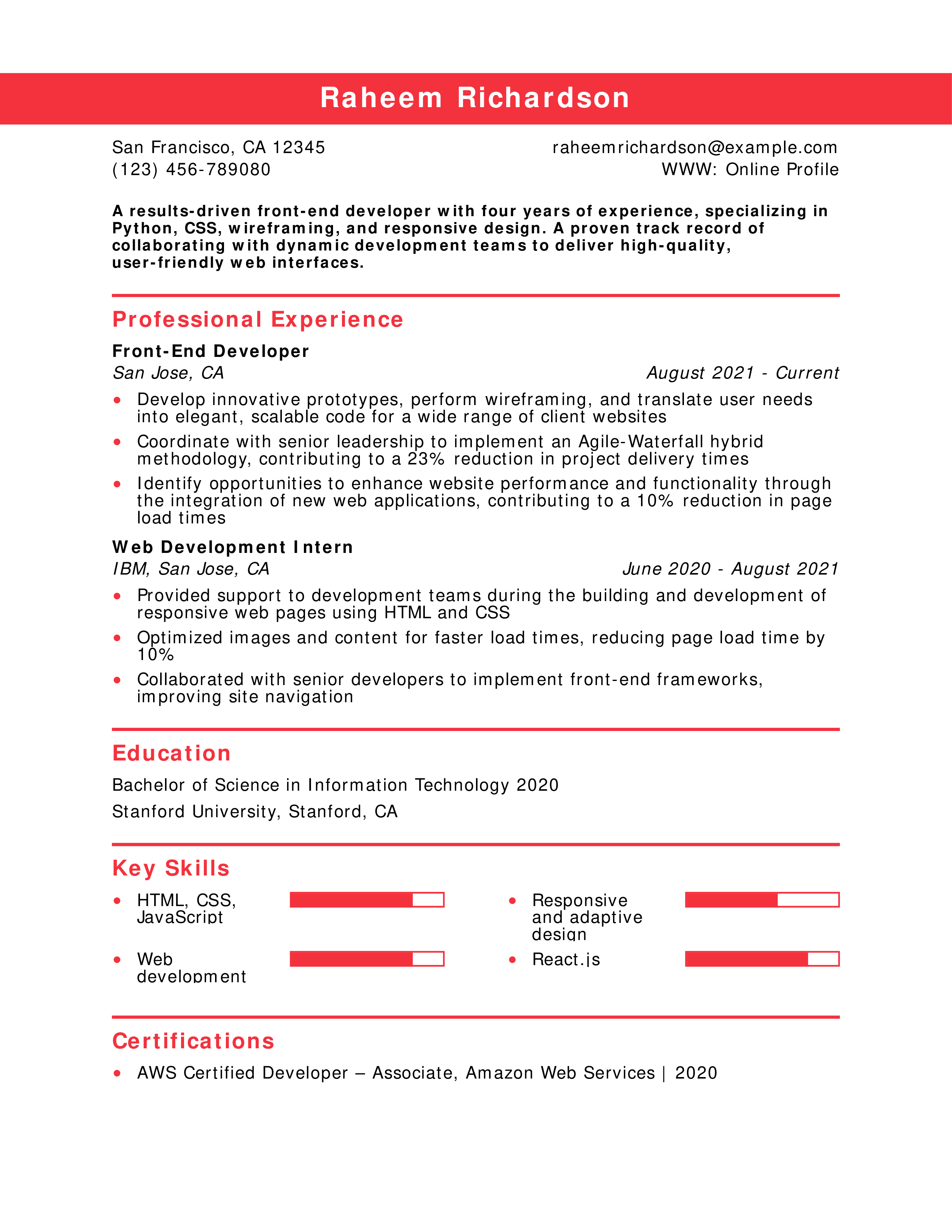 Fresher Front-End Developer Resume Example