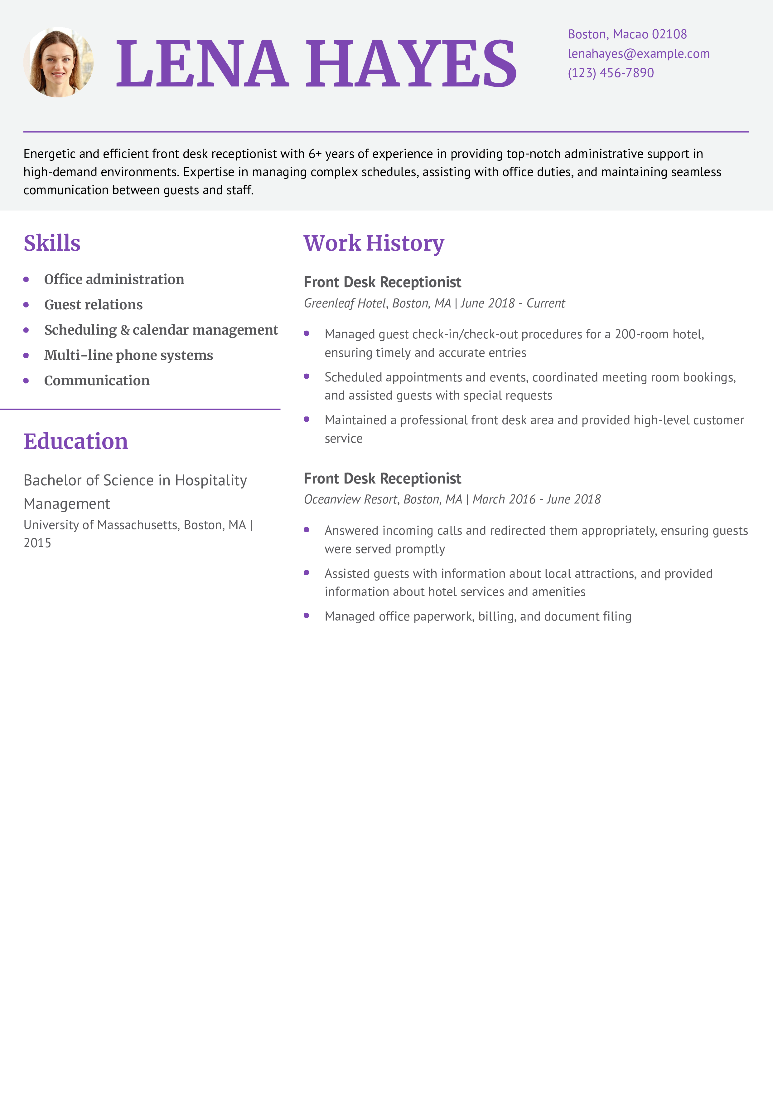 Front Desk Receptionist Resume