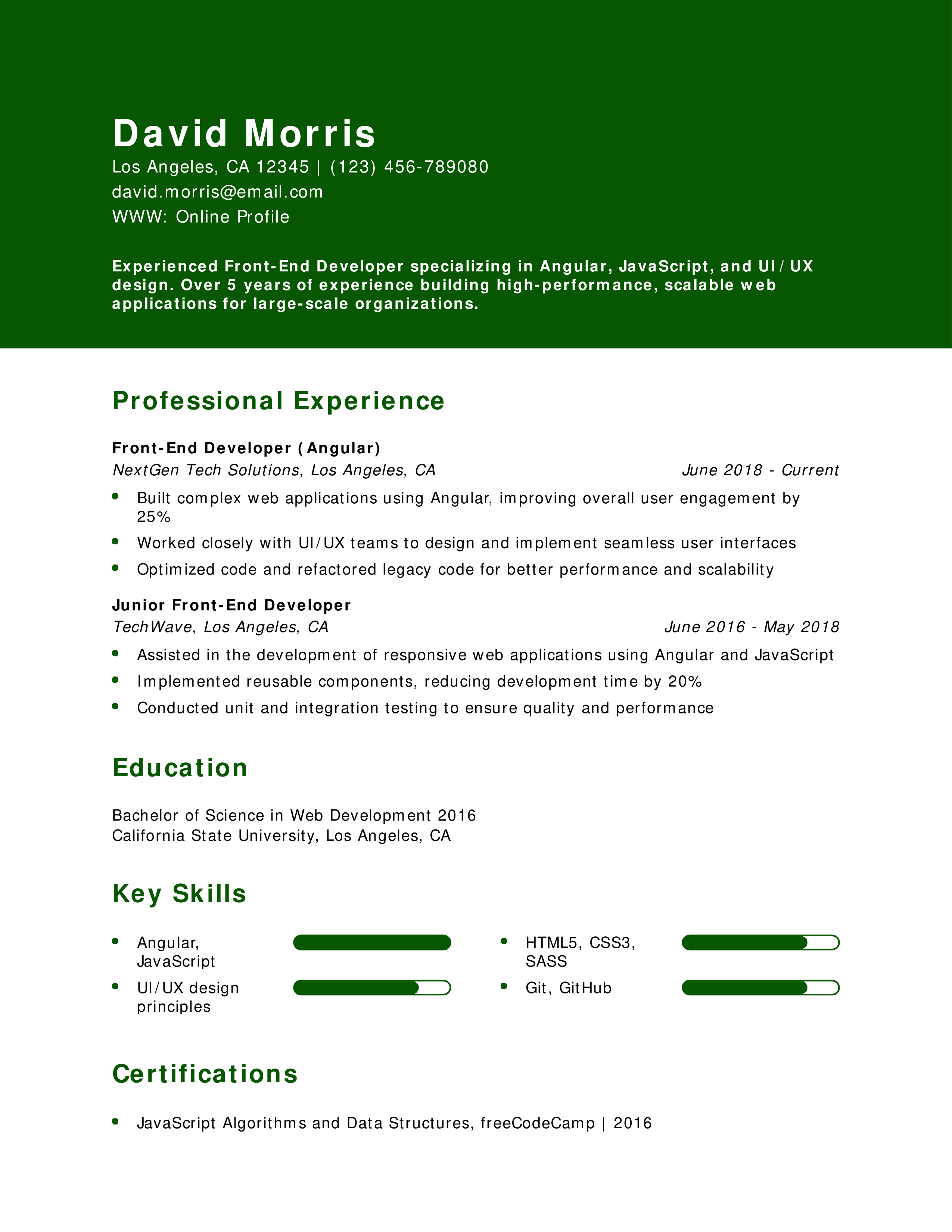 Front-End Developer (Angular) Resume Example