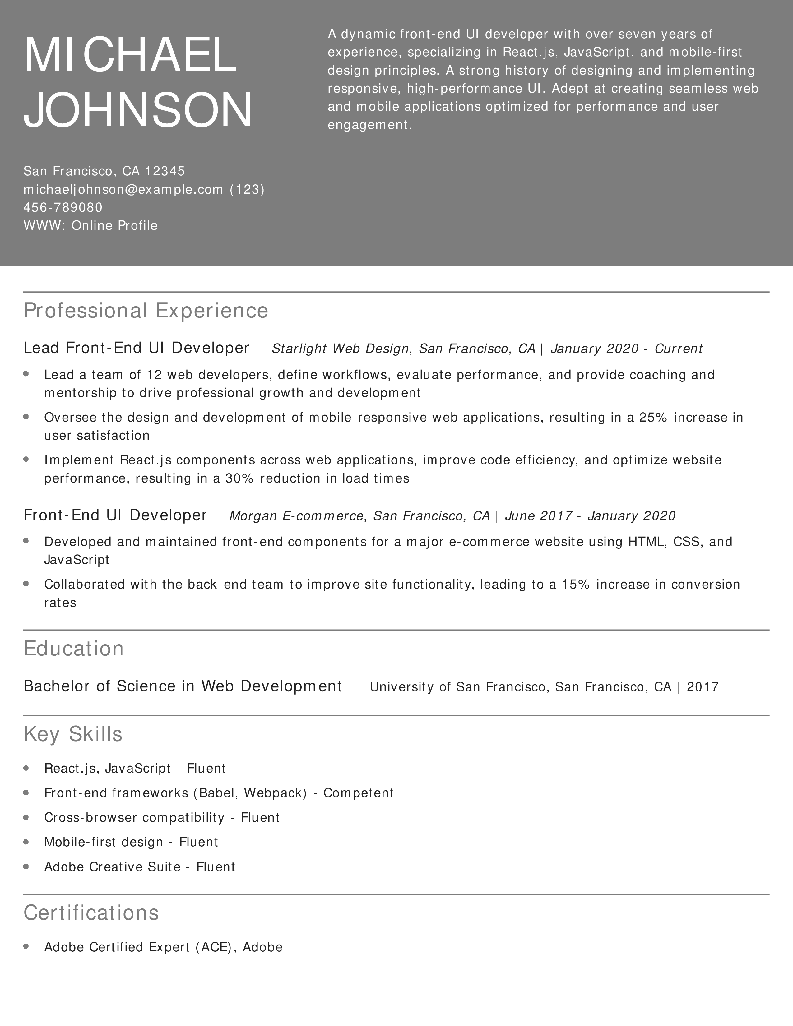 Front-End UI Developer Resume Example