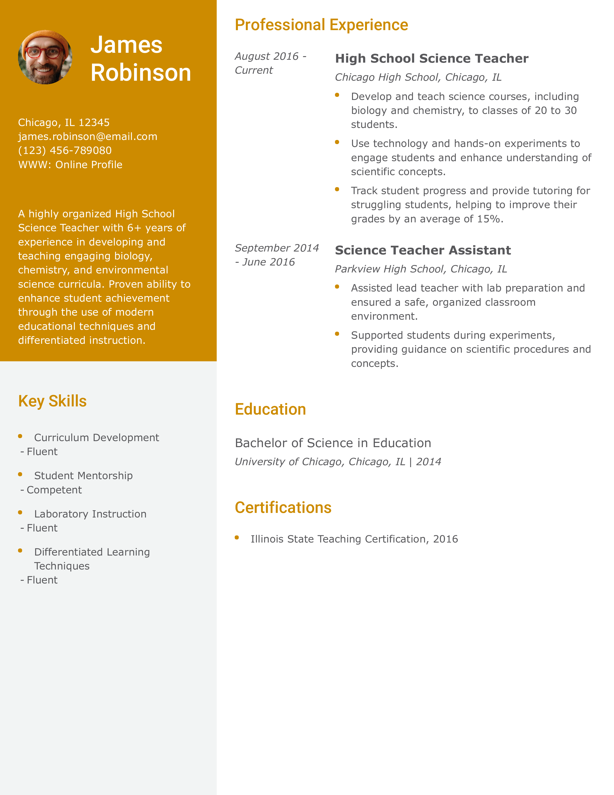 High School Science Teacher Resume