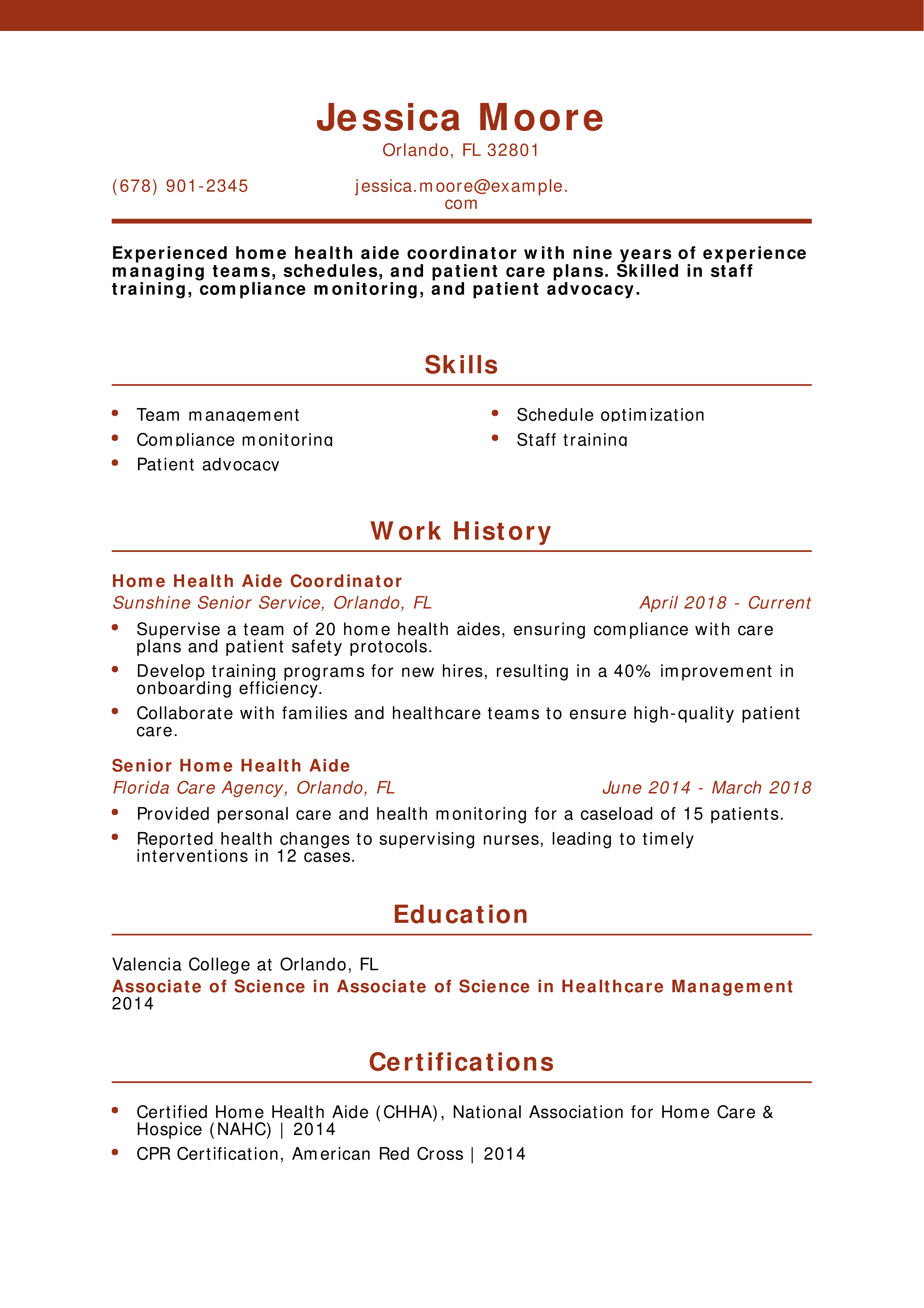 Home Health Aide Coordinator Resume