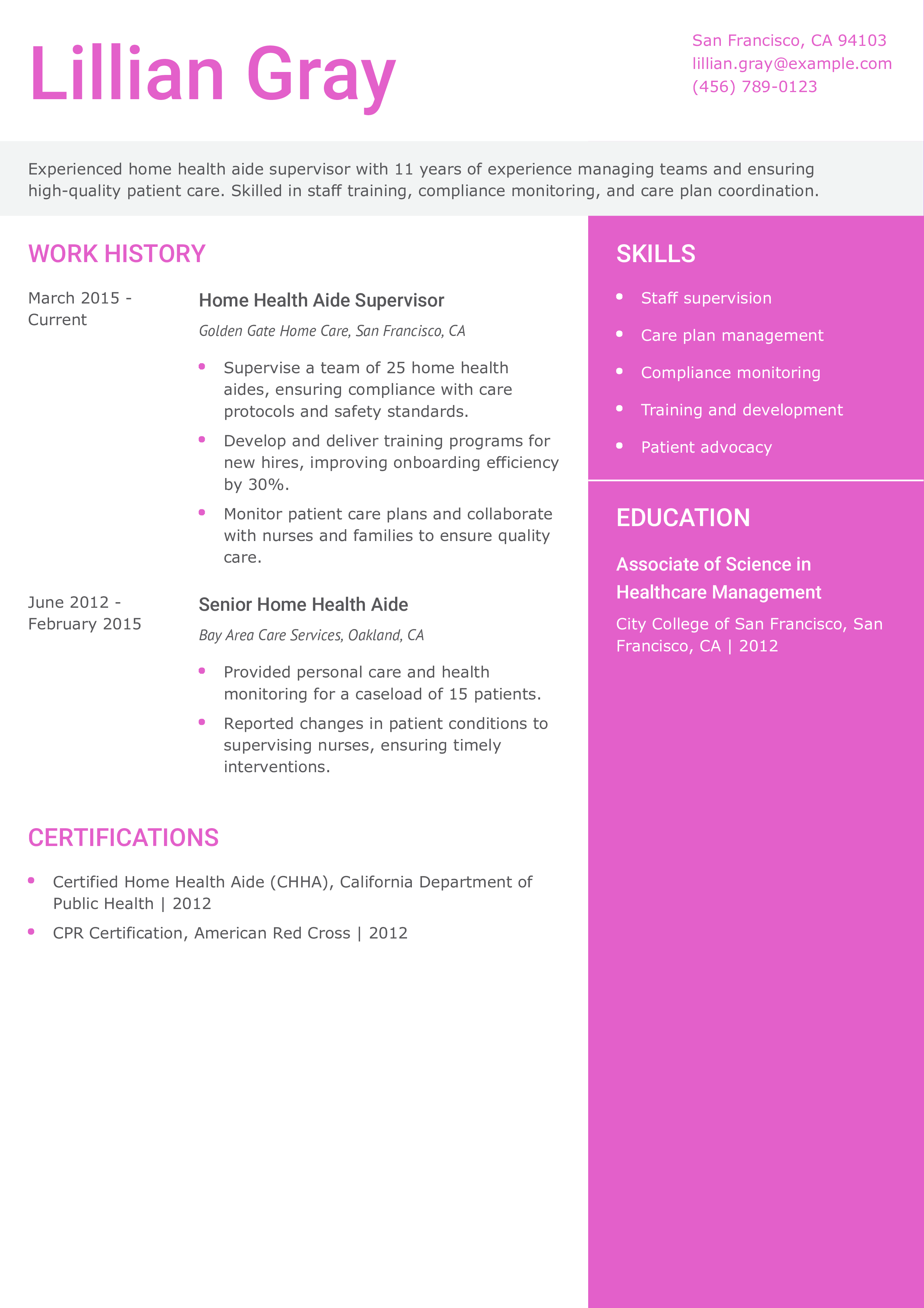 Home Health Aide Supervisor Resume