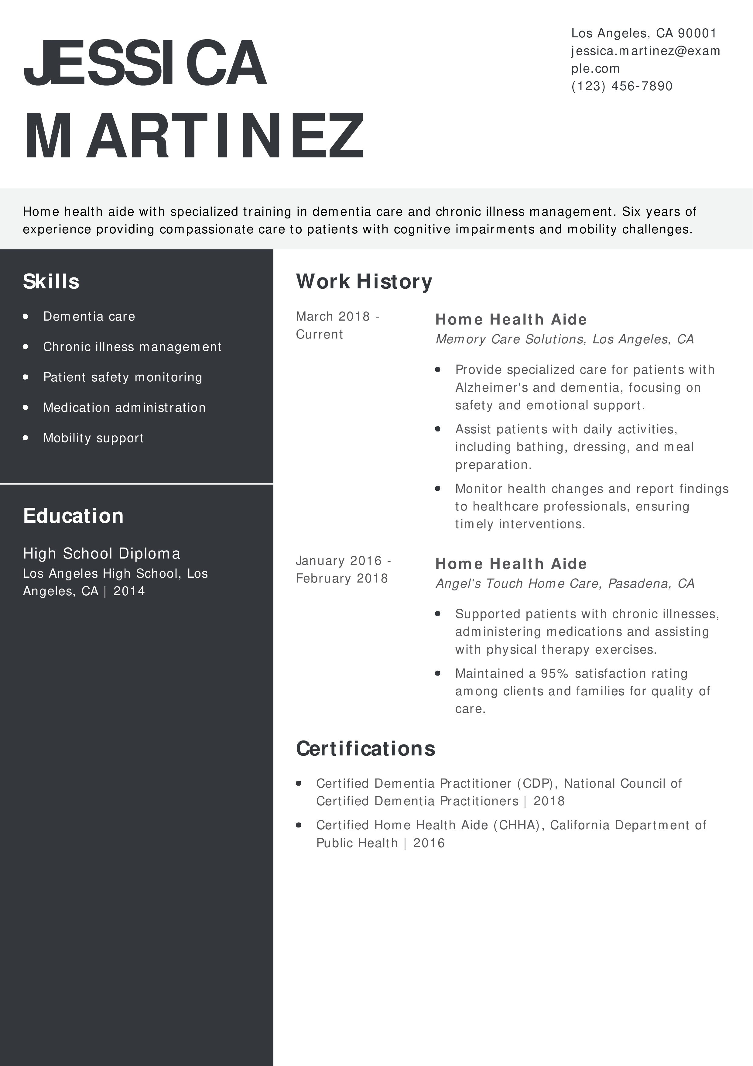 Home Health Aide with Specialized Training Resume