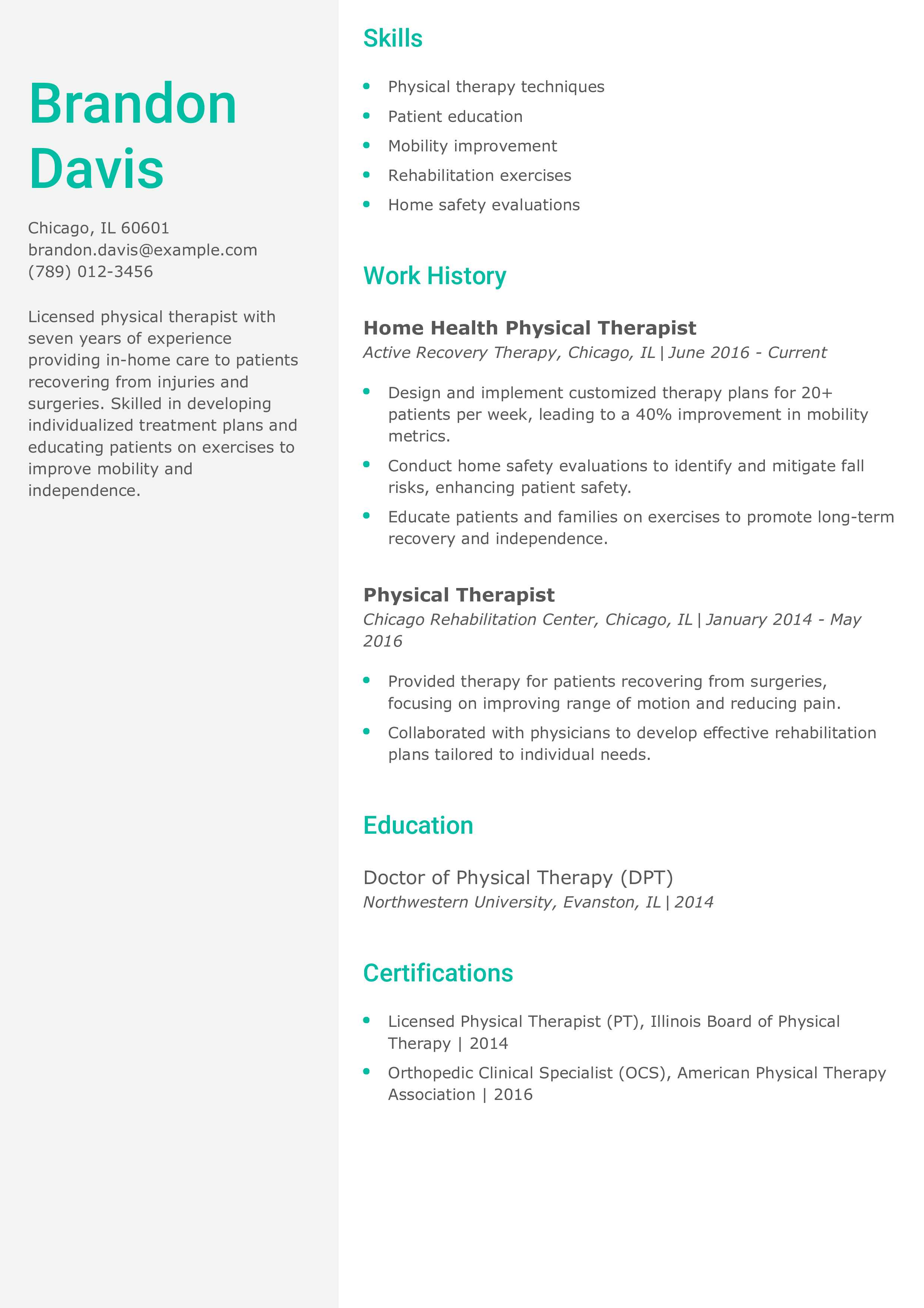 Home Health PT Resume