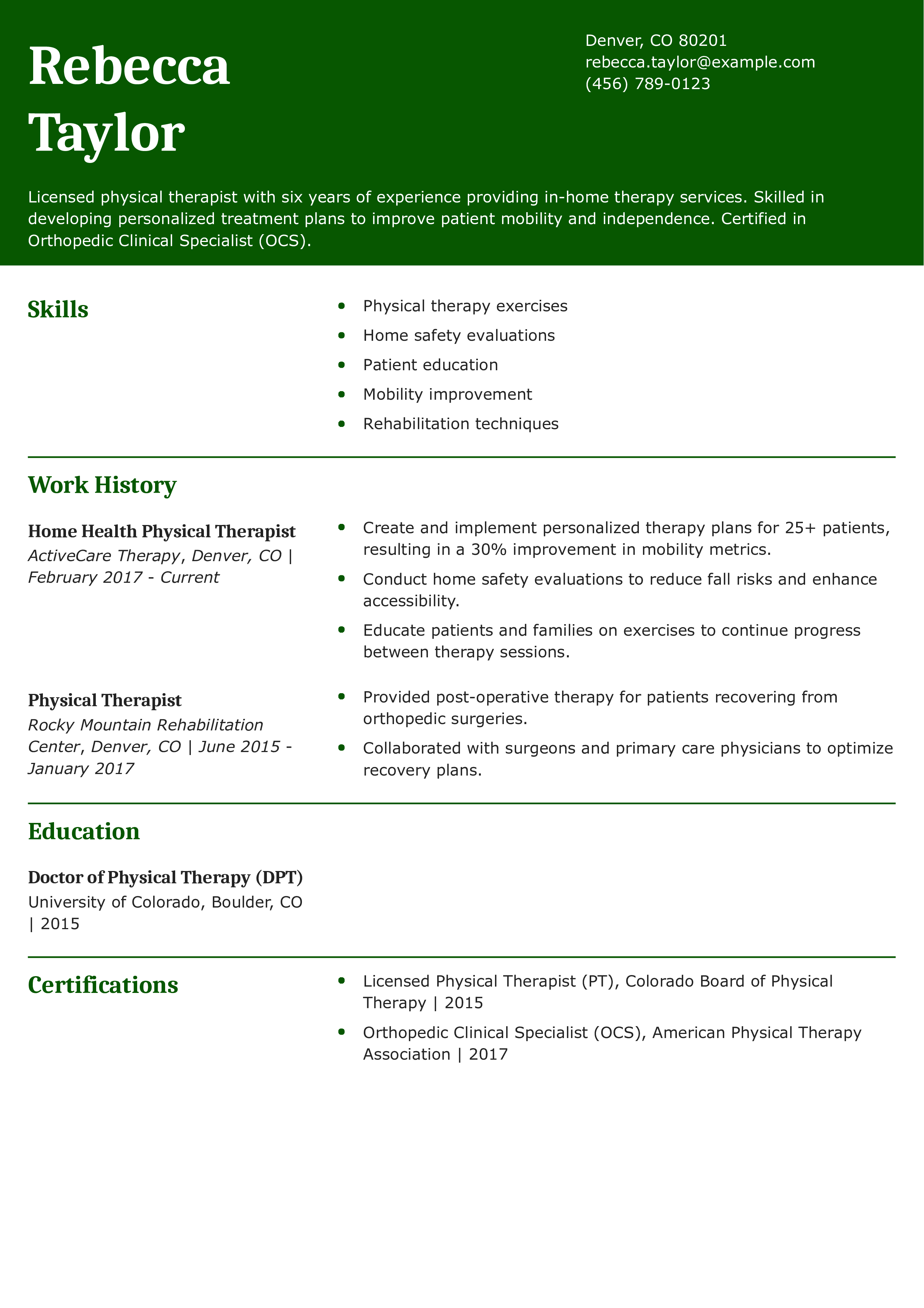 Home Health Physical Therapist Resume