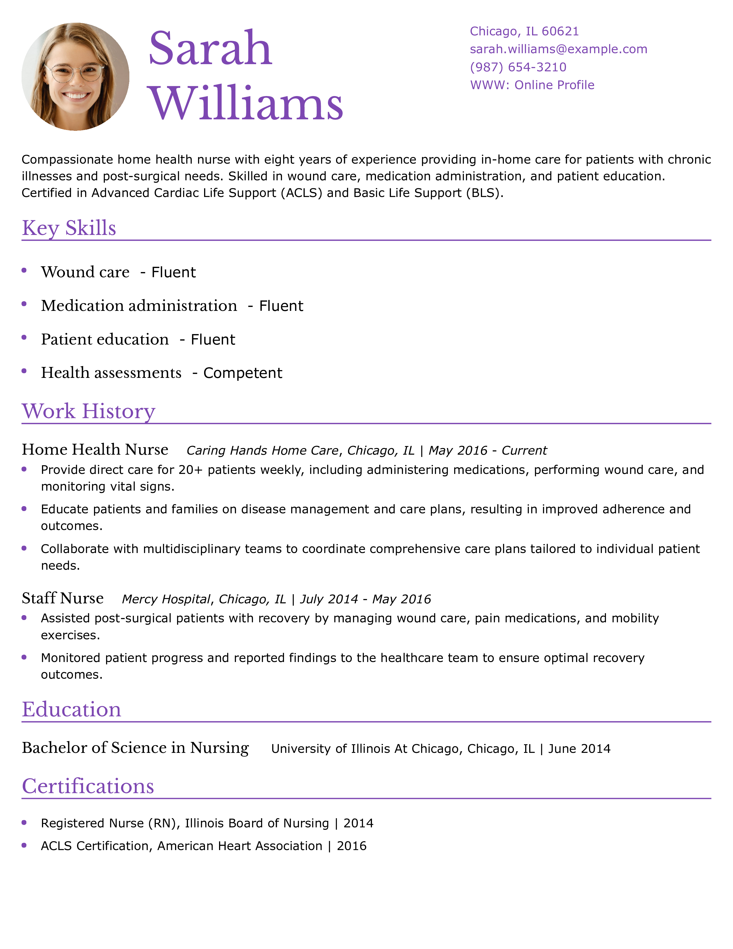 Certified Home Health Aide Resume Example