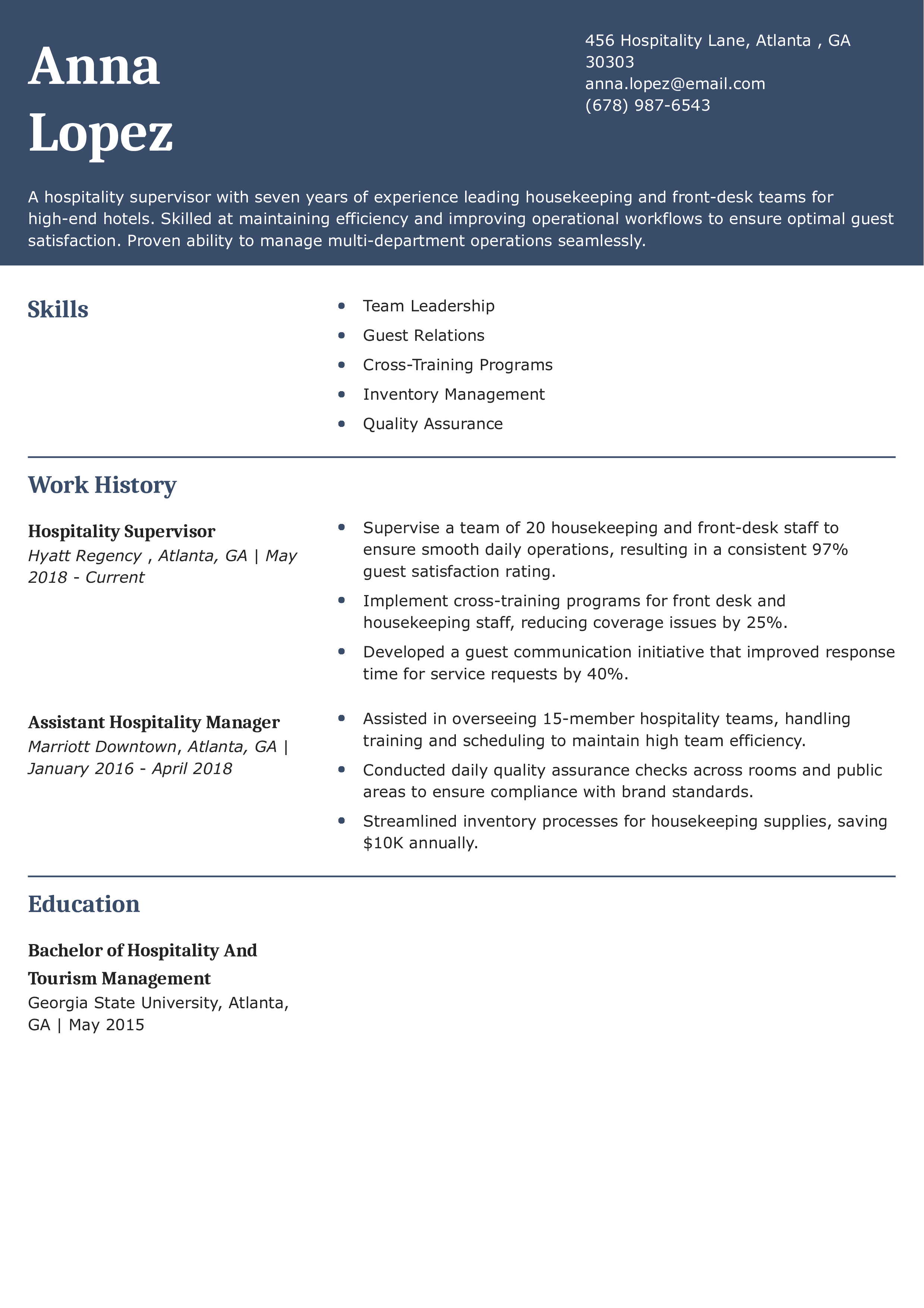 Hospitality Supervisor Resume