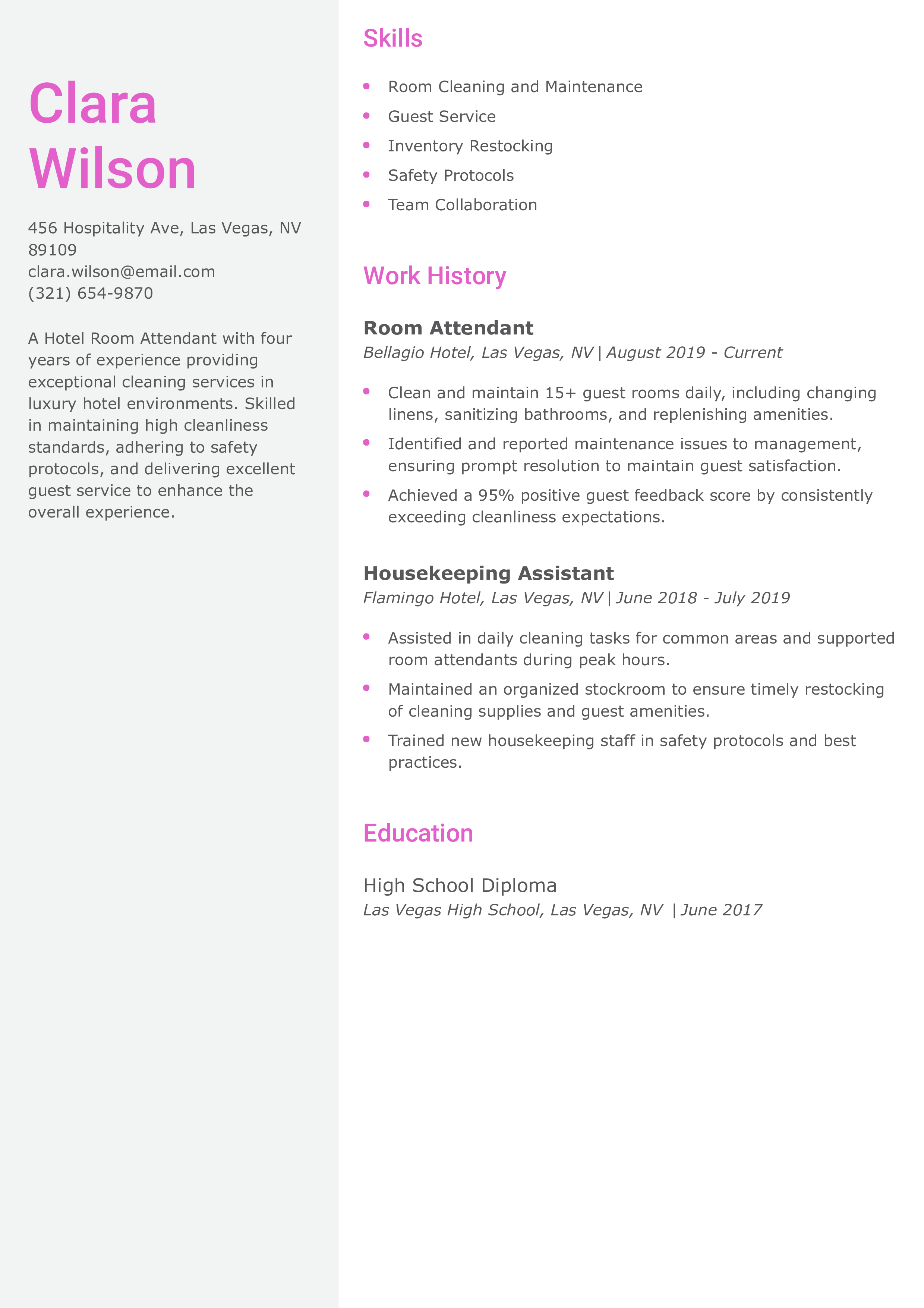 Hotel Room Attendant Resume