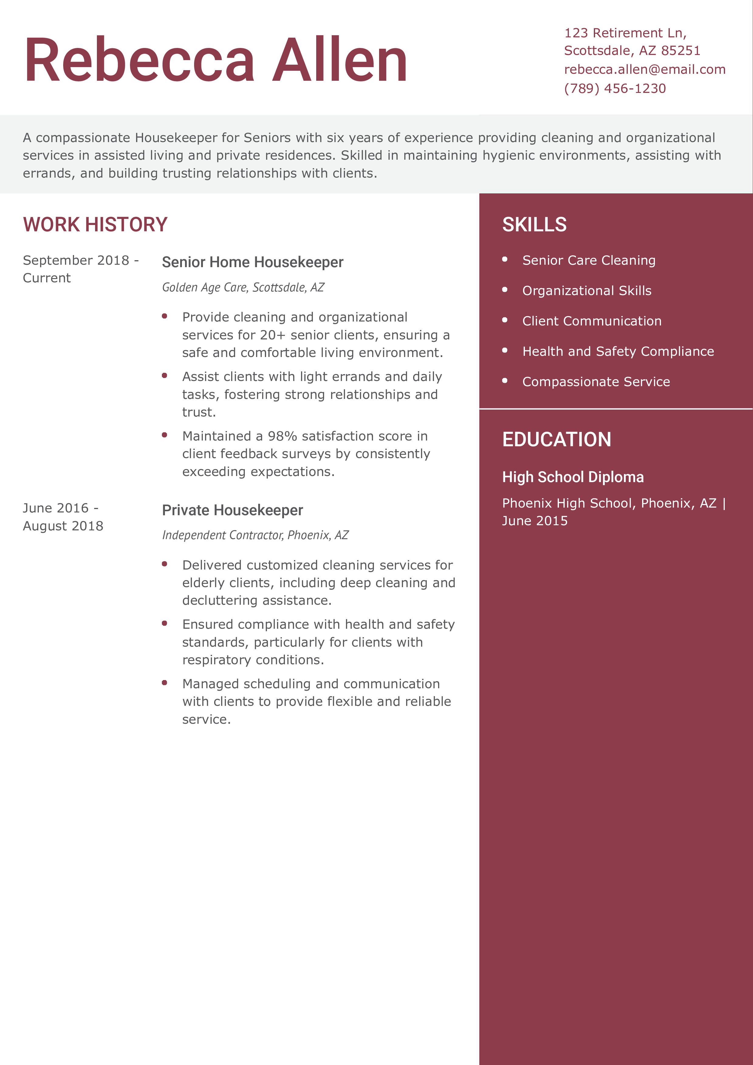 Housekeeper for Seniors Resume