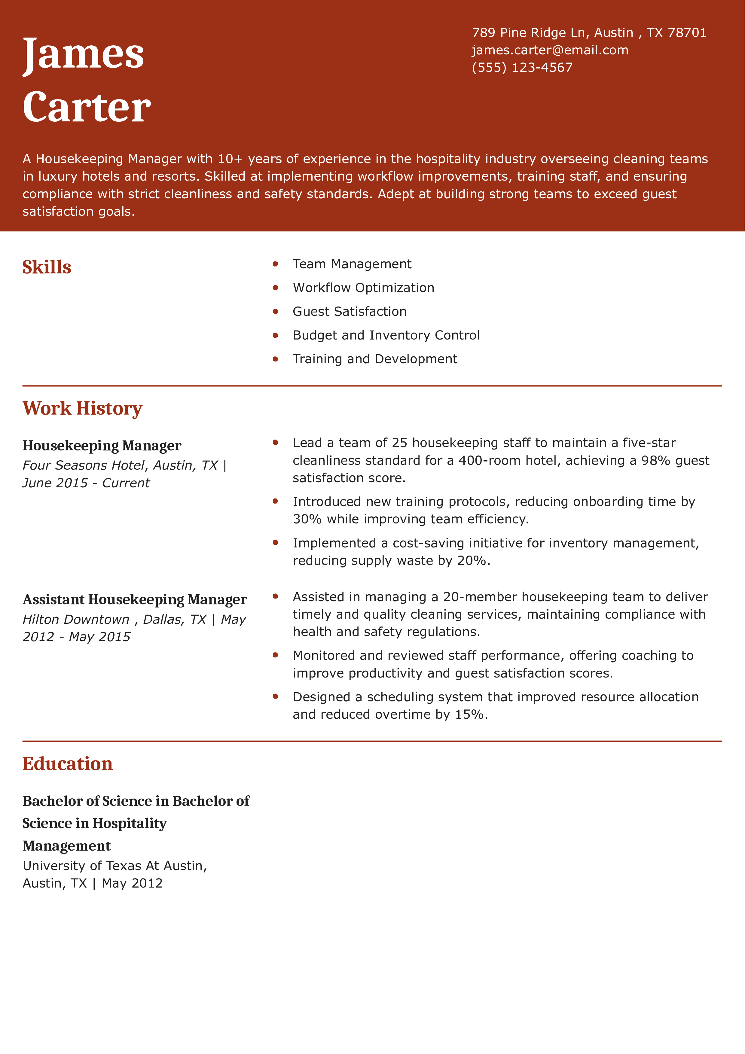 Housekeeping Manager Resume
