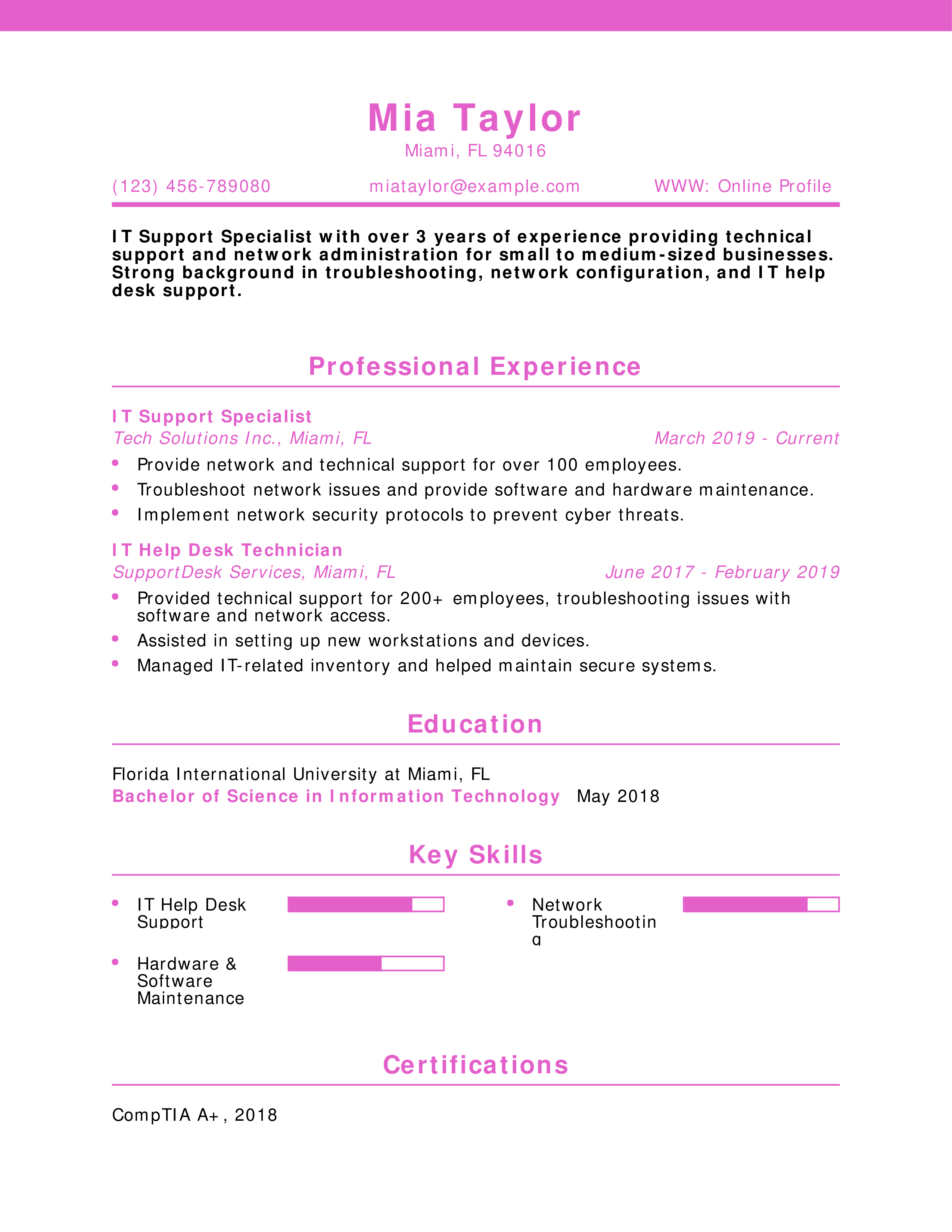 IT Support Specialist Resume Example