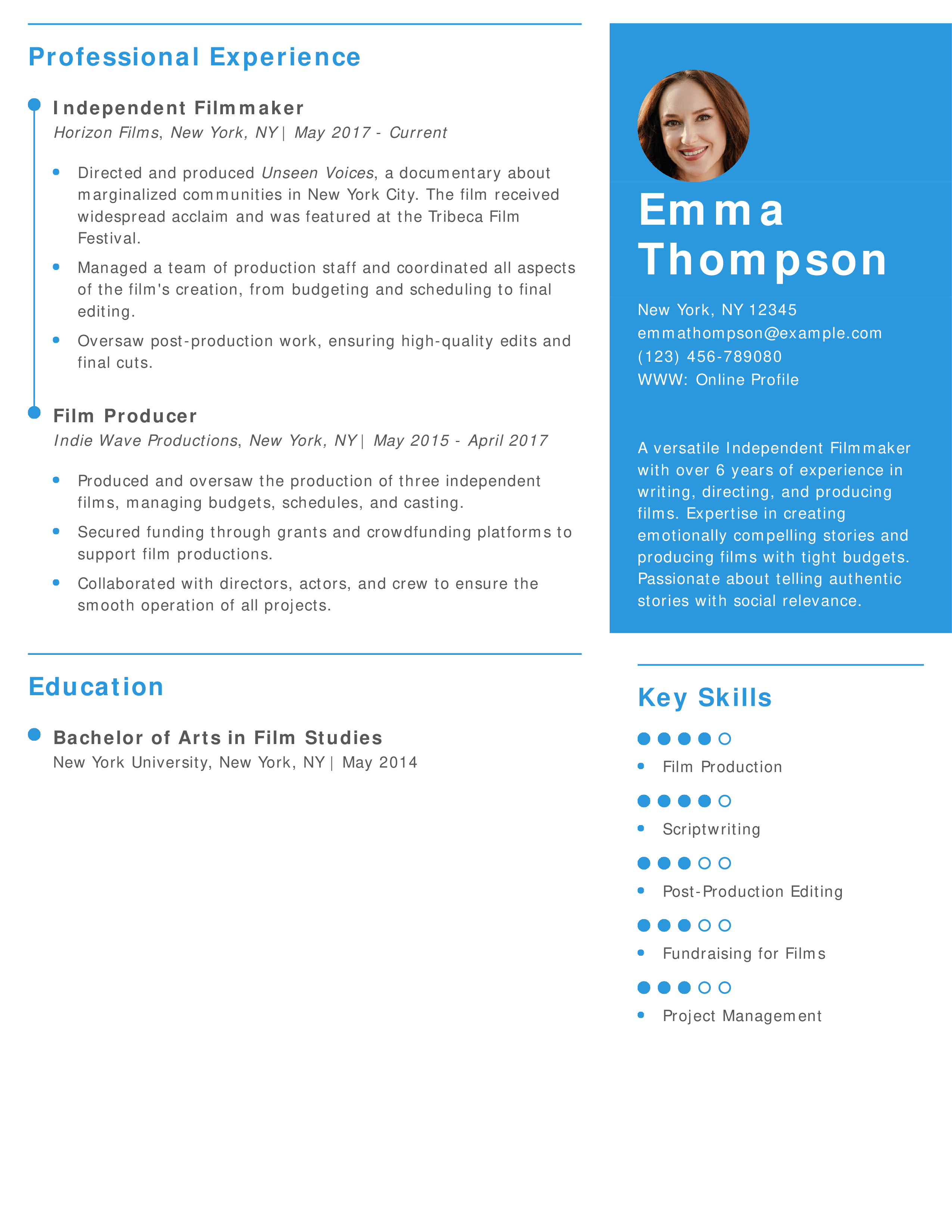 Independent Filmmaker and Producer Resume Example