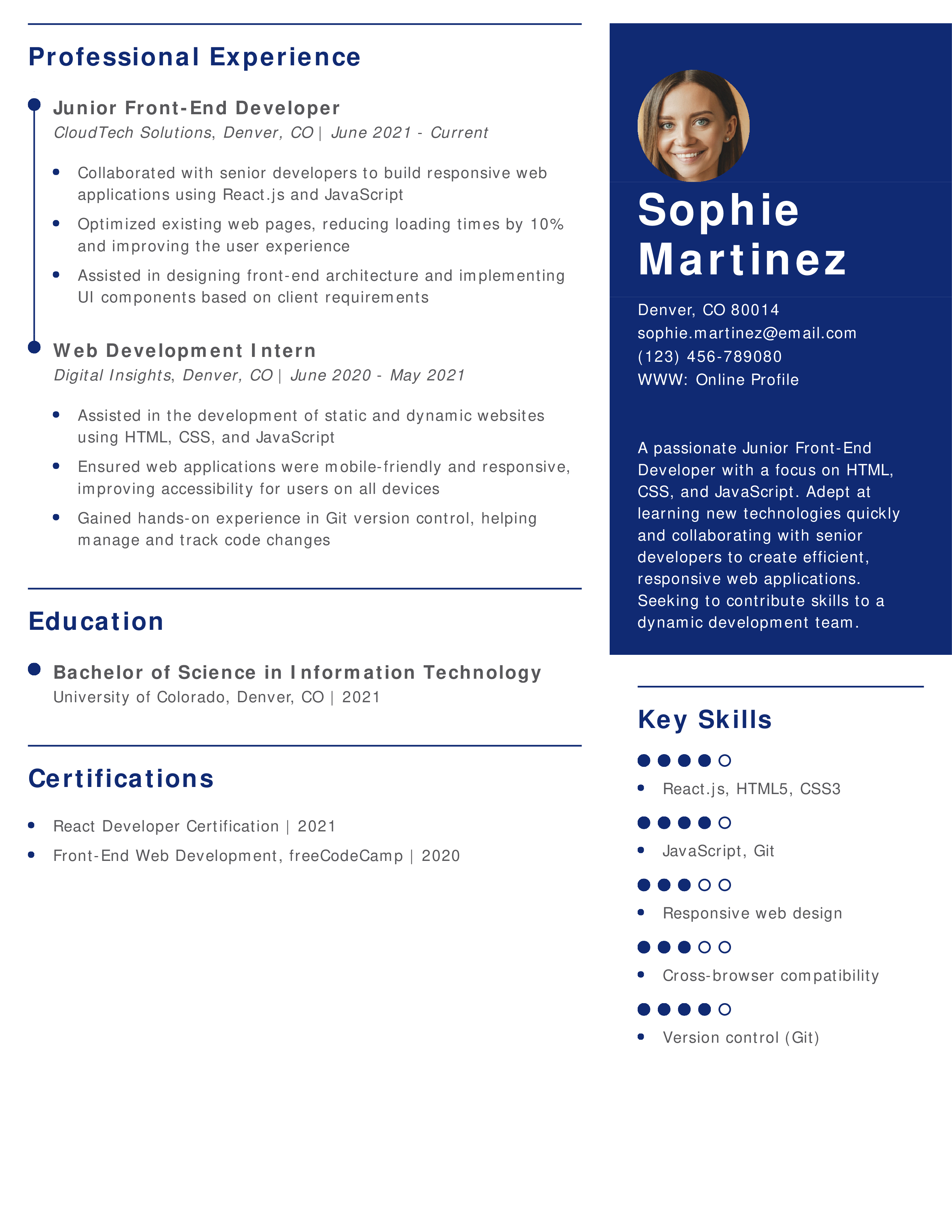 Junior Front-End Developer Resume Example