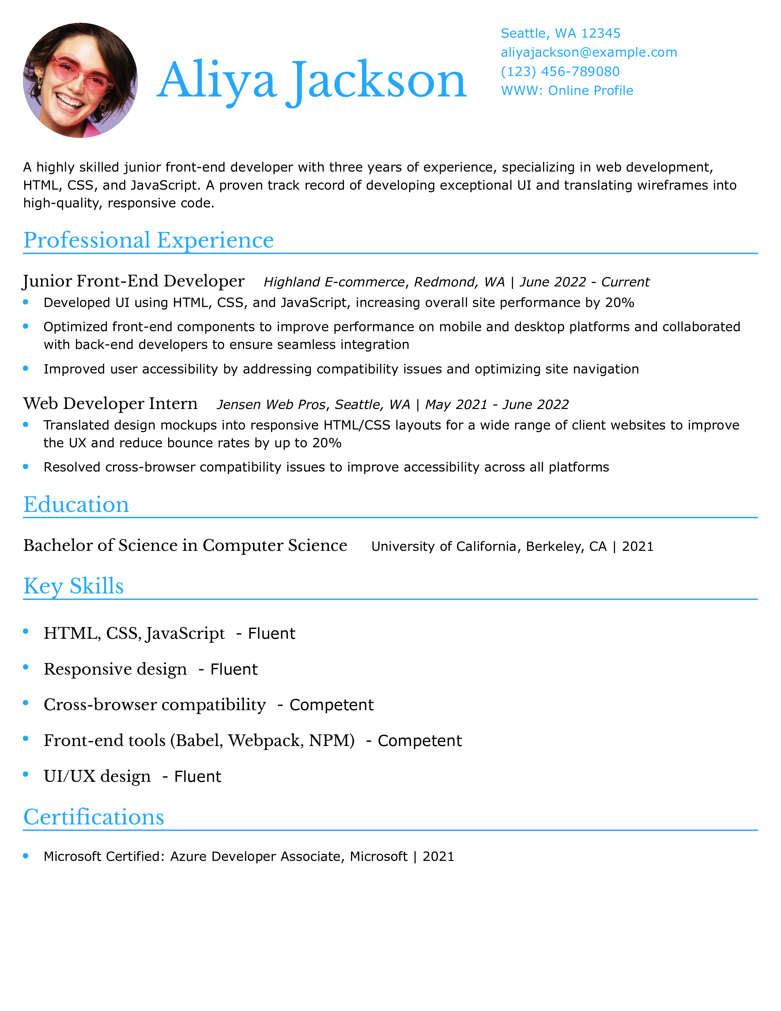 Front End Developer Resume Example