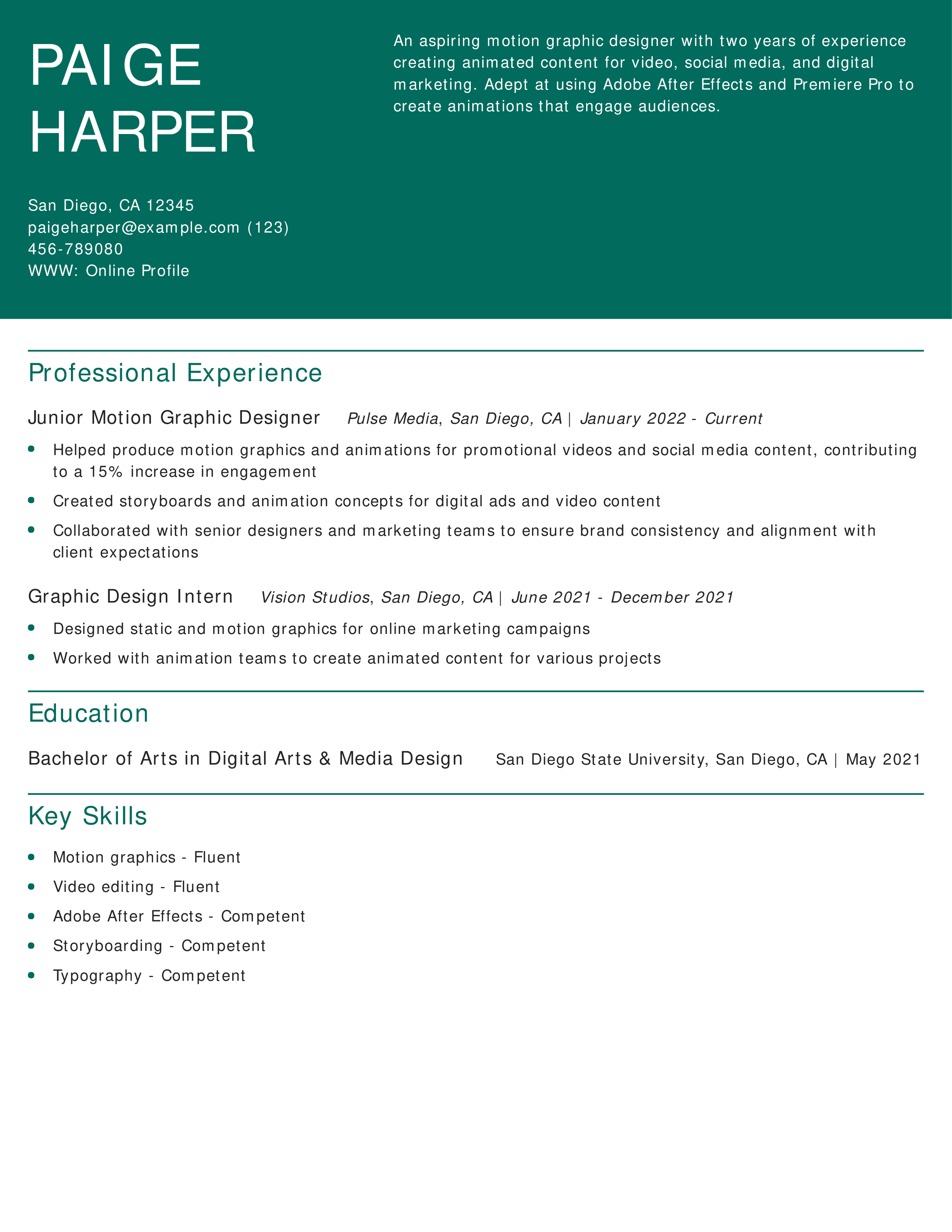 Junior Motion Graphic Designer Resume