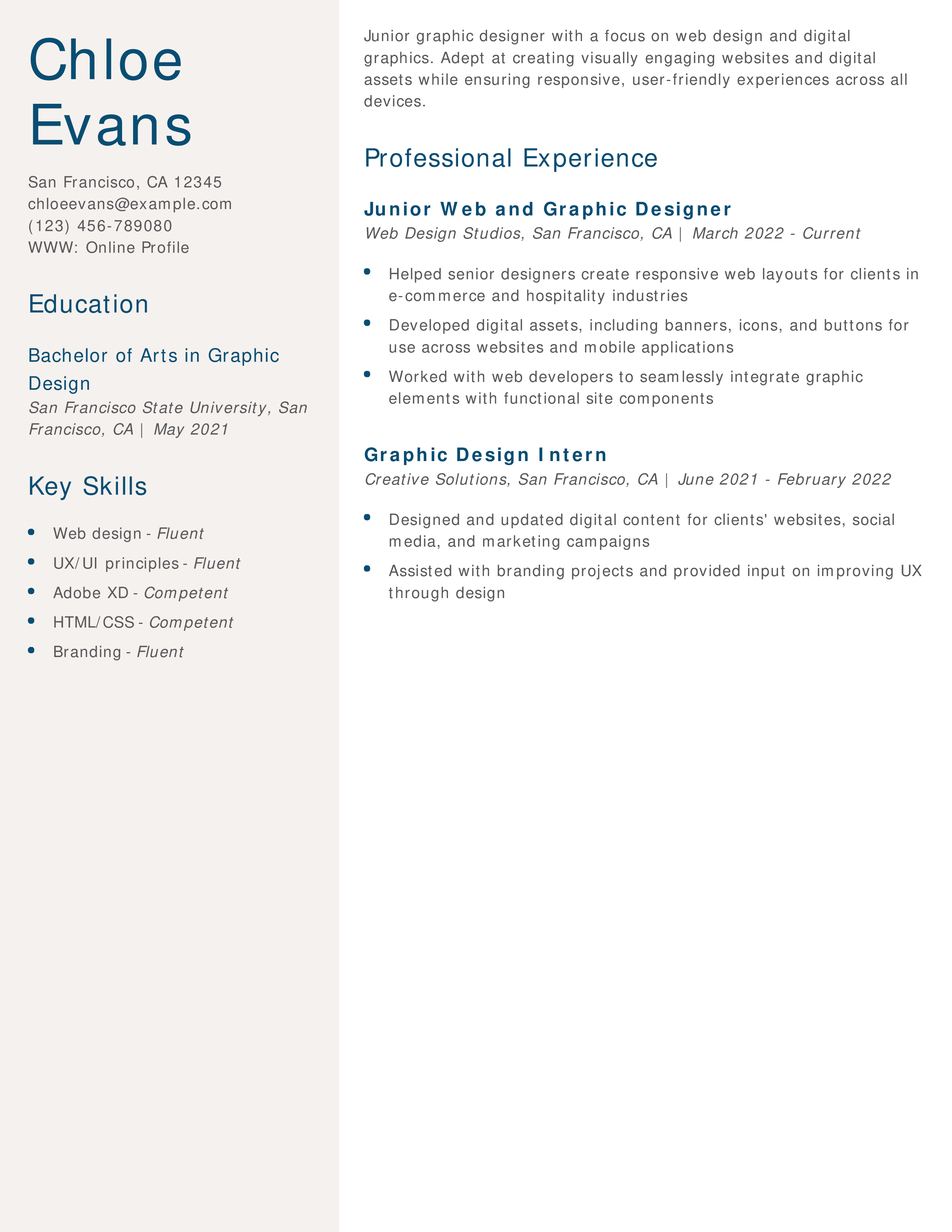 Junior Web and Graphic Designer Resume