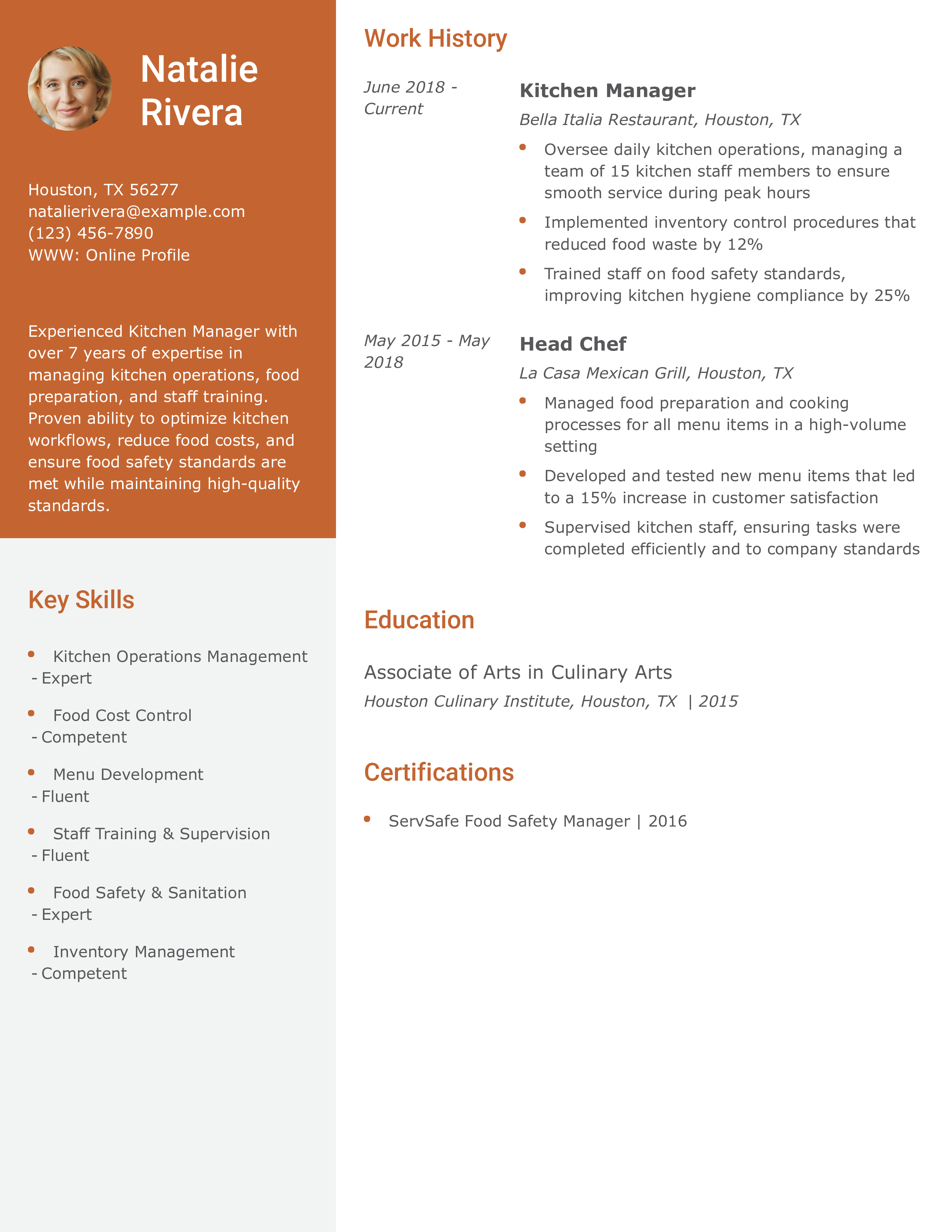 Kitchen Manager Resume