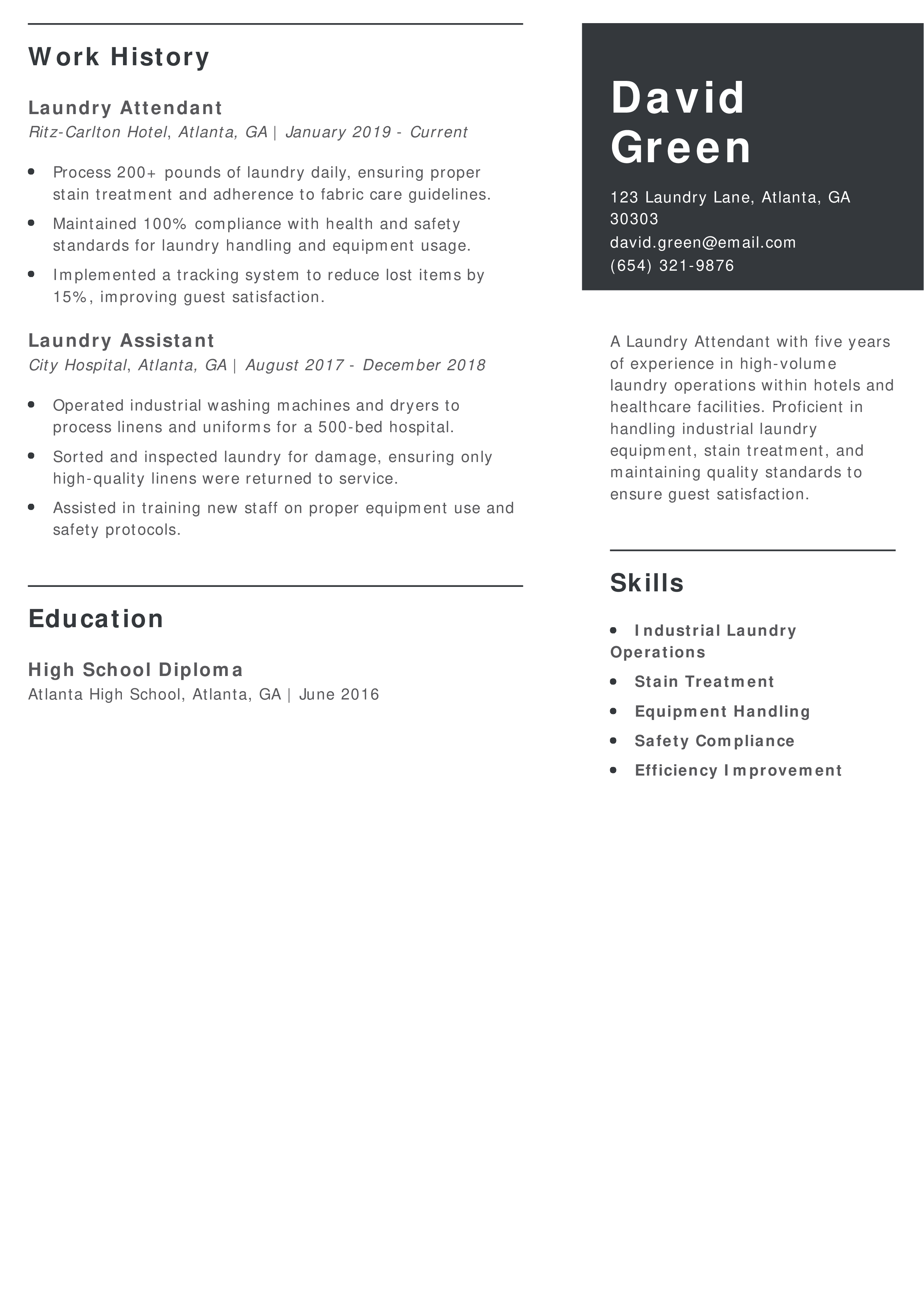 Laundry Attendant Resume